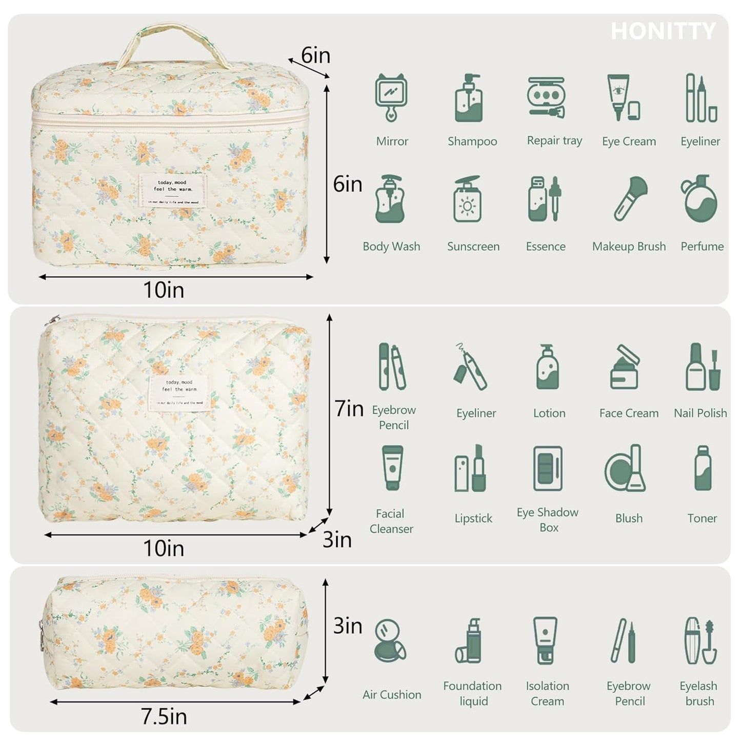 Makeup Bag,Quilted Cosmetic Bags,Large Floral Make Up Organize bag,Makeup Bag Set for Women,Flower Travel Toiletry Bag