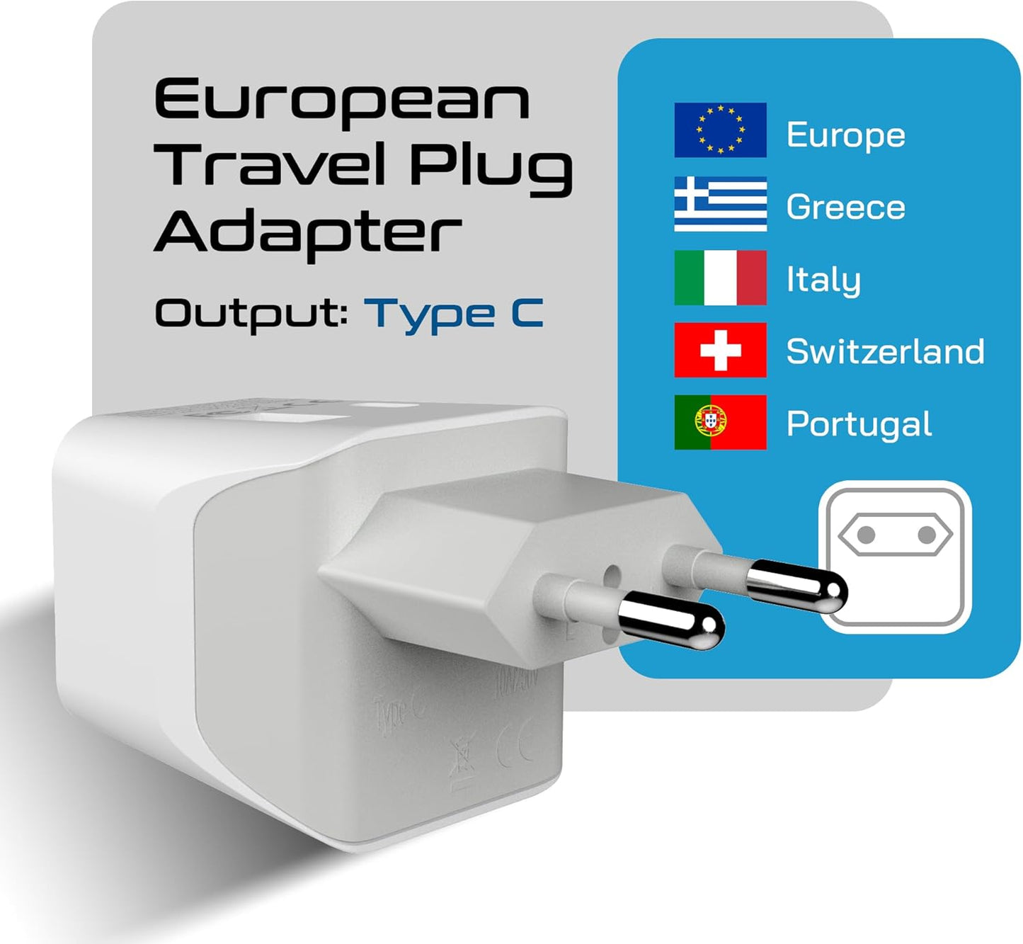 Ceptics 3 in 1 European Travel Plug Adapter - Compact Type C Adapter with USB-A & USB-C, Ideal for Phones, Laptops, Cameras & More, Perfect for Belgium, France and other EU countries - CTU-9C