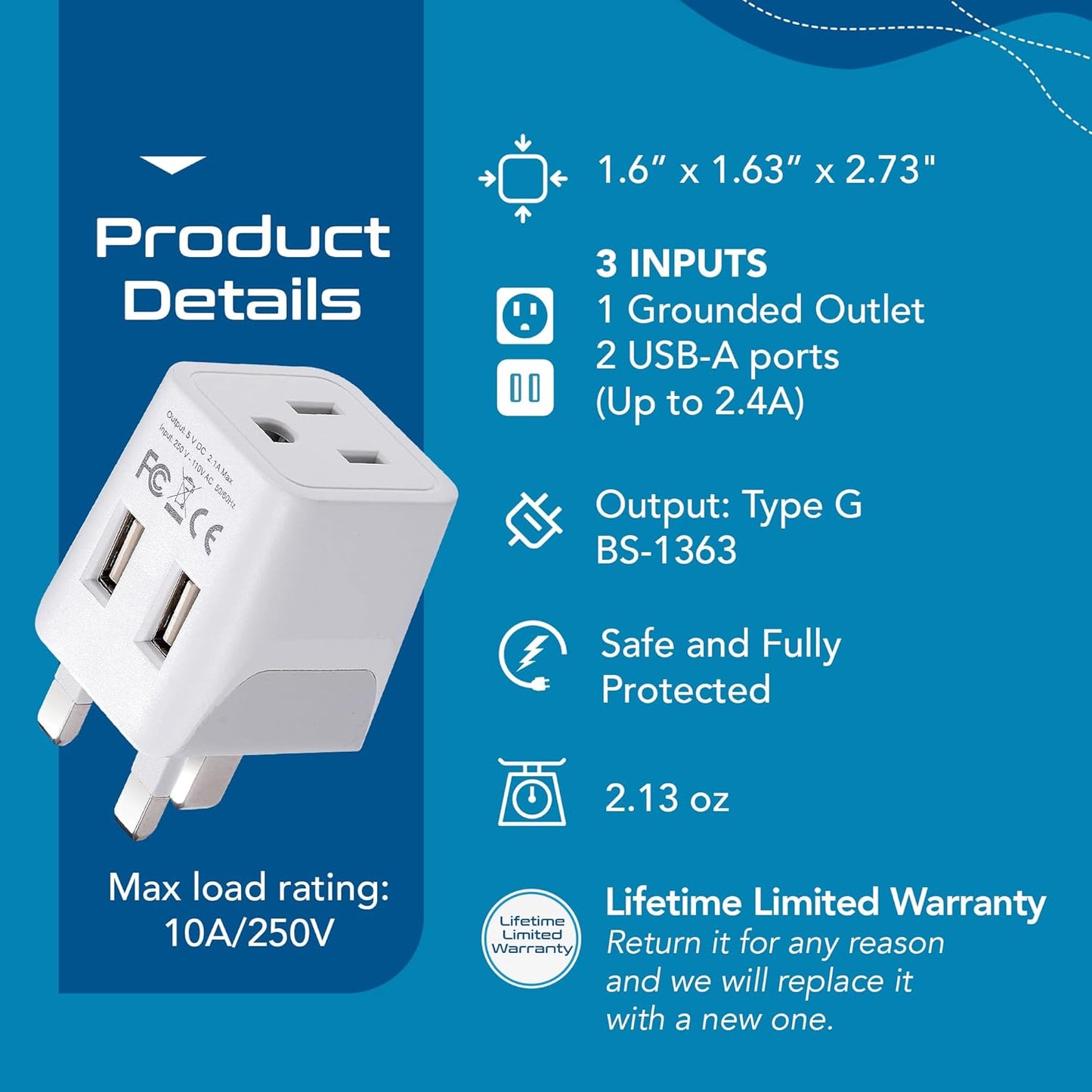 Ceptics UK, Hong Kong, CTU-7-2PK Ireland Travel Adapter Plug with Dual USB - Type G - London - USA Input - Light Weight - Perfect for Cell Phones, Chargers, Cameras and More - 2 Pack