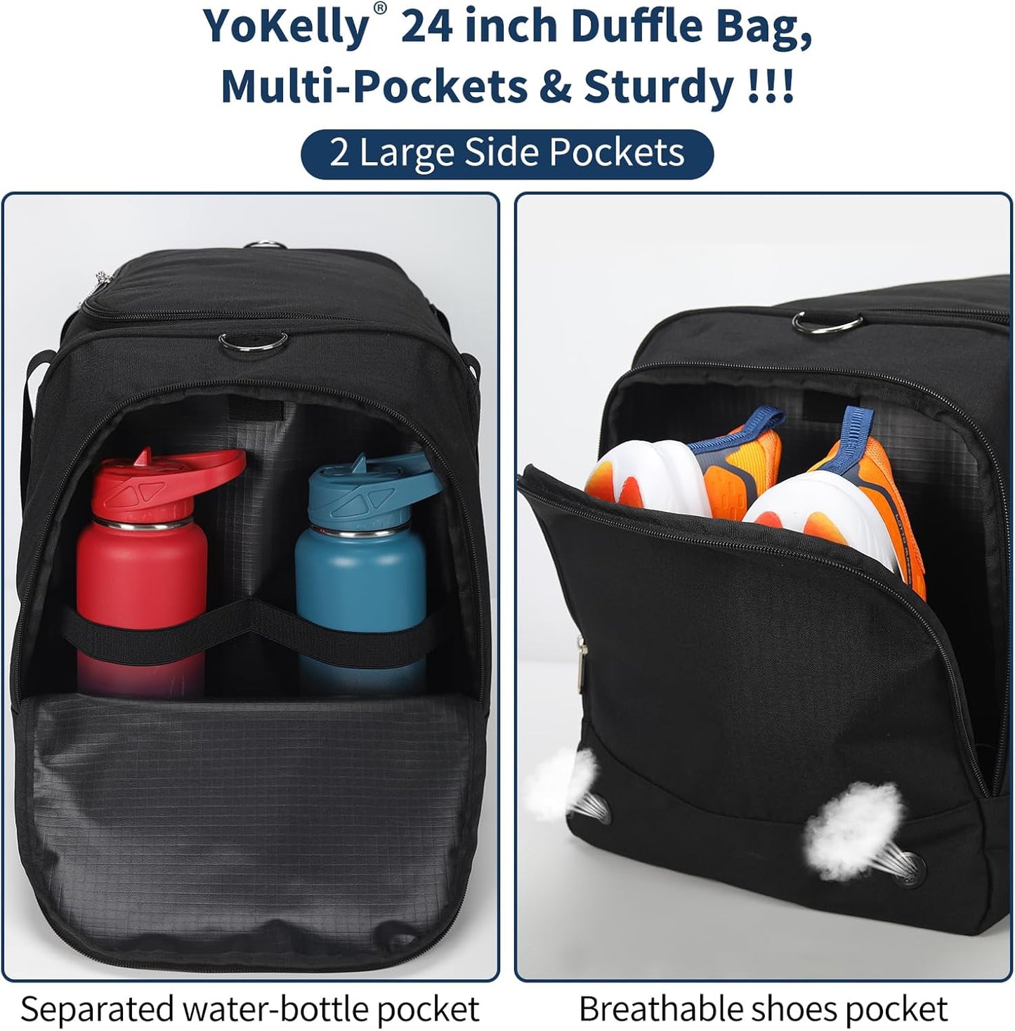 24 inch Large Gym Bag for Men - 65L Hard Bottom Duffle Bag with Shoes Compartment for Sport/Travel - Black