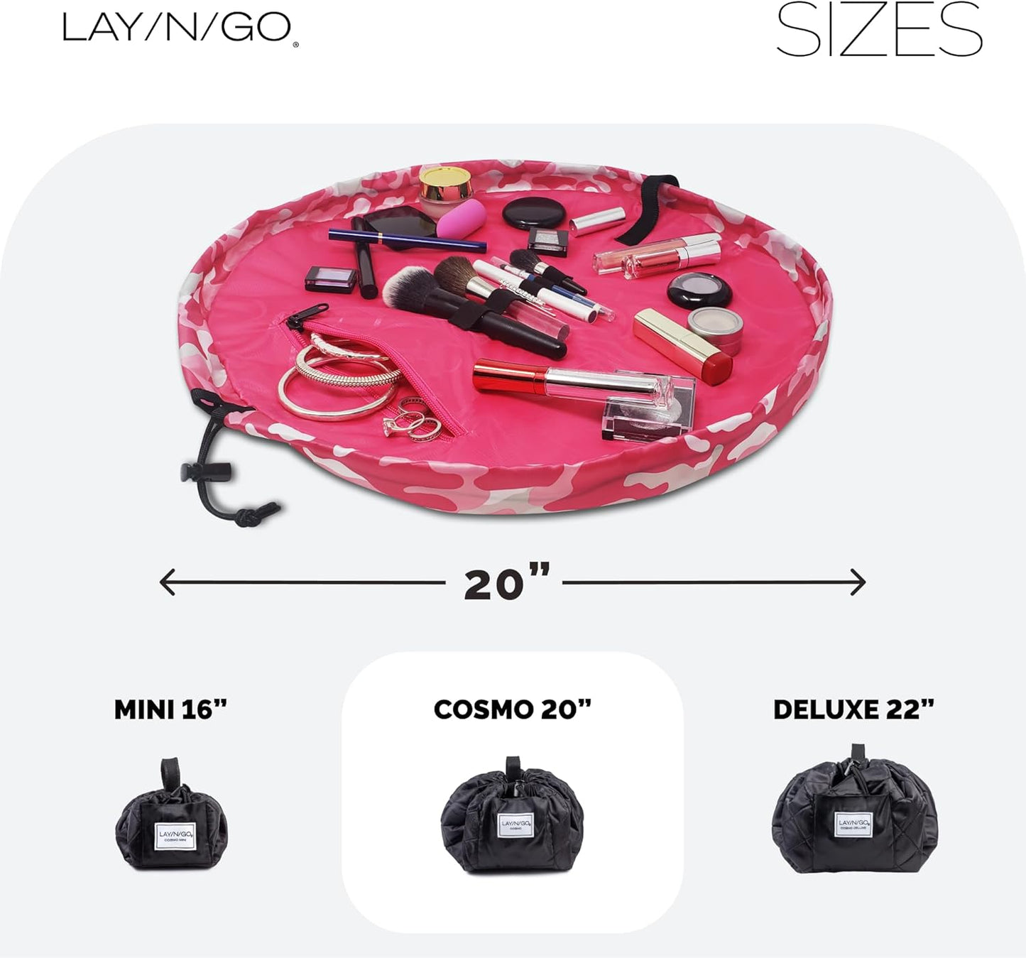 Lay-n-Go Cosmo Drawstring Cosmetic & Makeup Bag Organizer - Portable Drawstring Makeup Bag w/Zipper Pocket, Makeup Loops & More - Durable, Machine Washable Toiletry Sack for Travel (20", Pink Camo)