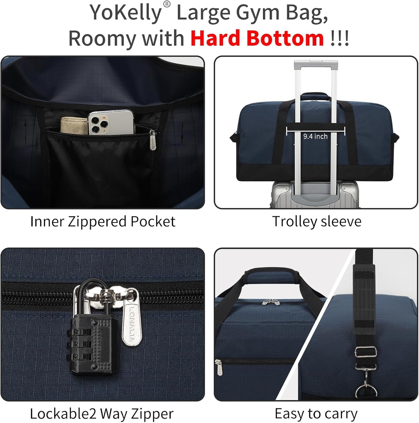 55L Large Duffle Bag for Men Travel - 25 inch Weekender Duffel Bag with Hard Bottom - Navy