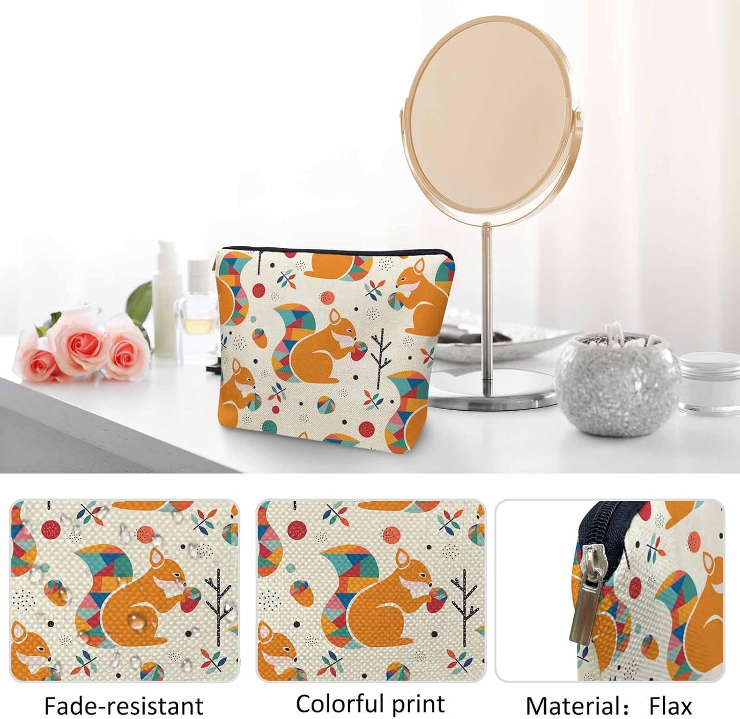 Squirrel Makeup Bag For Women, Adorable Cosmetic Bag Makeup Bags, Geometric Squirrel Pine Cones Cute Zipper Bag Travel Bags Toiletry Organizers Pouch Bags Washing Bags For Gym Bathroom