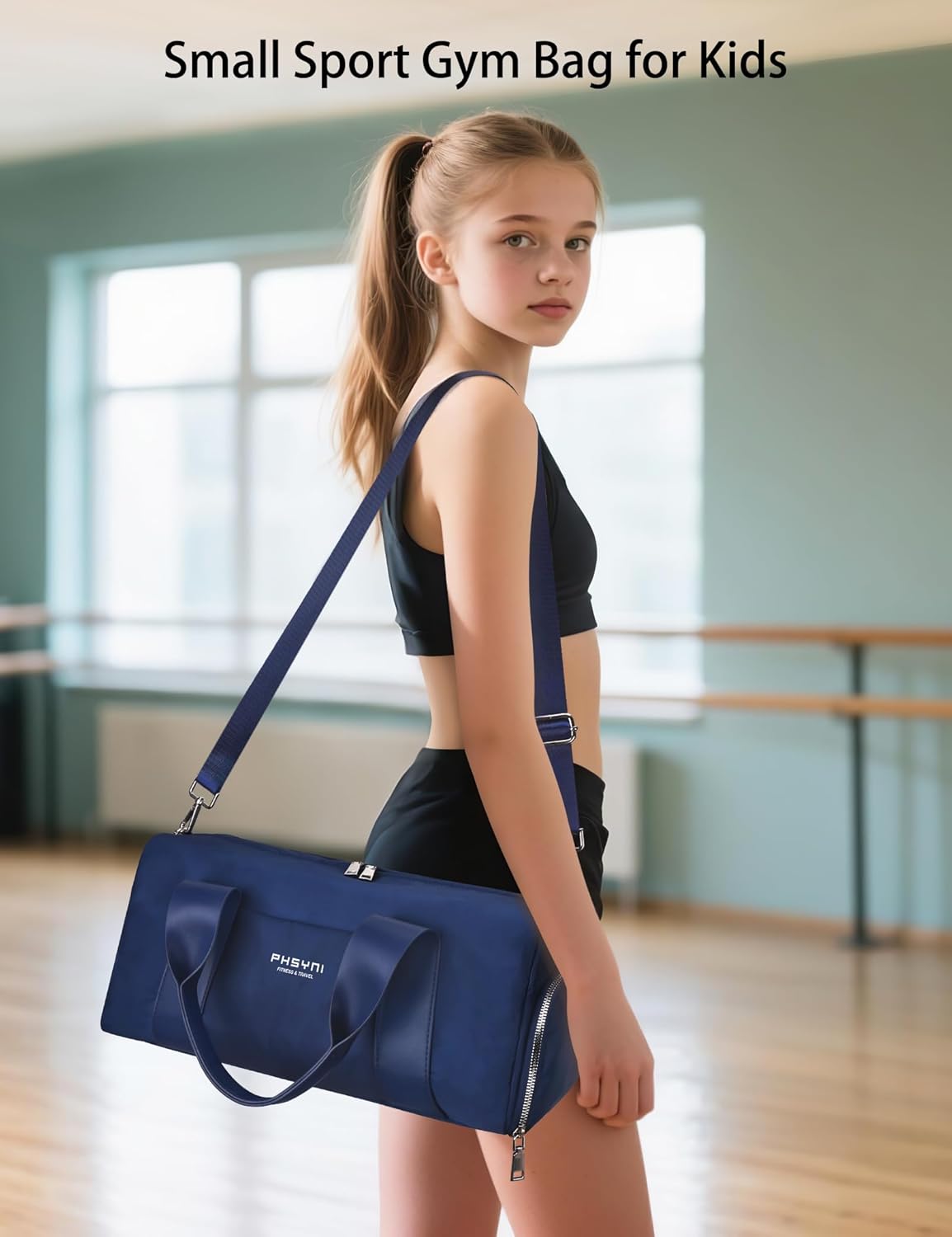 Compact Sports Gym Bag for Women and Man, Cute Mini Duffle Bag with Wet Pocket & Shoes Compartment, Personal Item Travel Workout Bag, 16"-Small, Navy