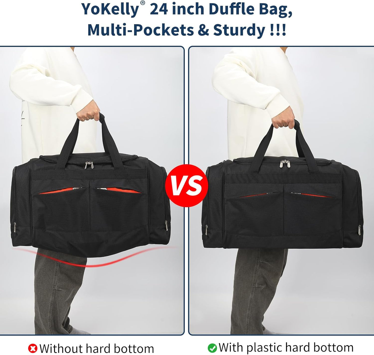 24 inch Large Gym Bag for Men - 65L Hard Bottom Duffle Bag with Shoes Compartment for Sport/Travel - Black