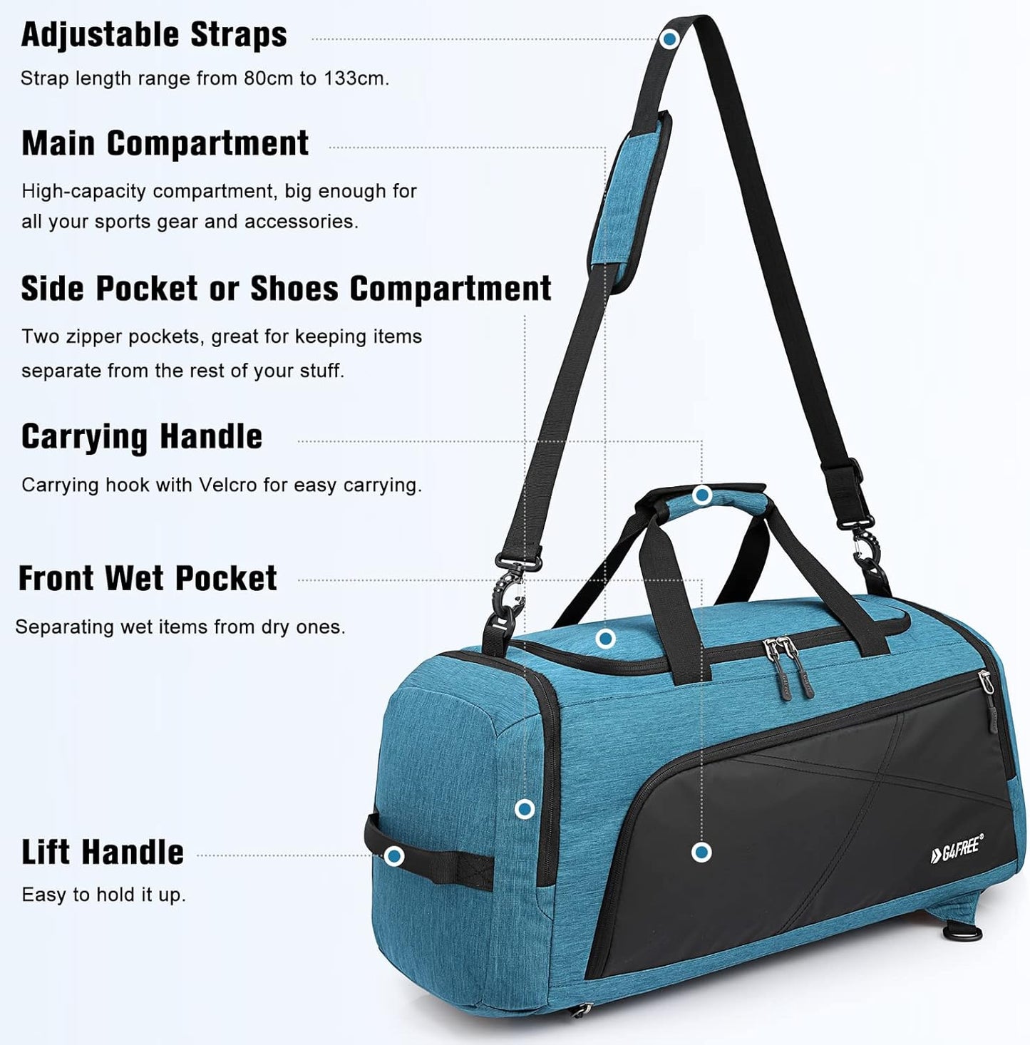 G4Free 45L/60L 3-Way Duffle Backpack Gym Bag with Wet Pocket & Shoes Compartment Sports Travel Weekender Overnight Duffel Bag