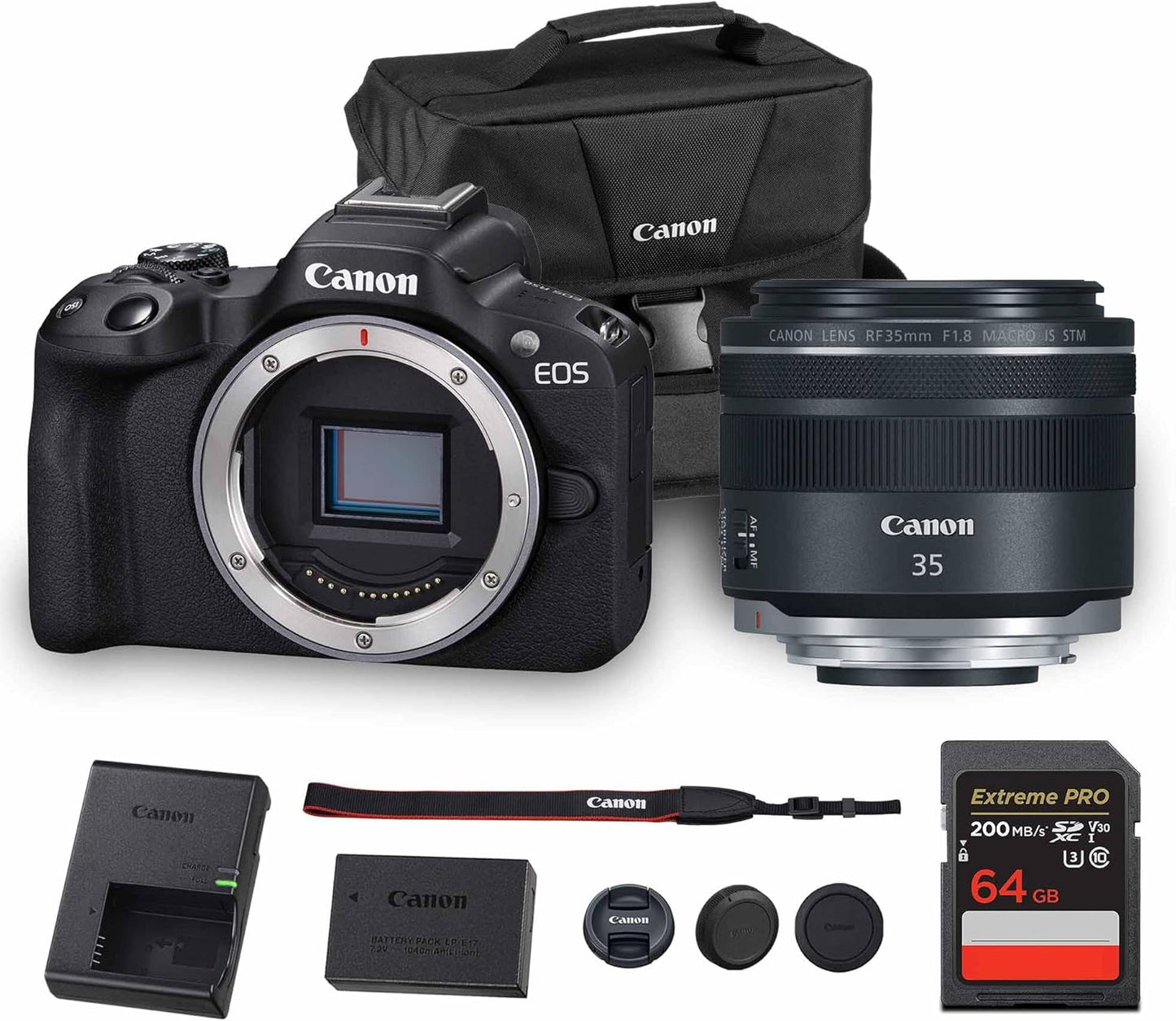 Canon EOS R50 Mirrorless Camera | 24.2MP APS-C, 4K 30p Video, Dual Pixel AF II, 15fps Burst, Vari-Angle Screen, Compact Beginner Vlogging Camera (5811C002) + Canon RF 35mm Lens + Bag + 64GB Card