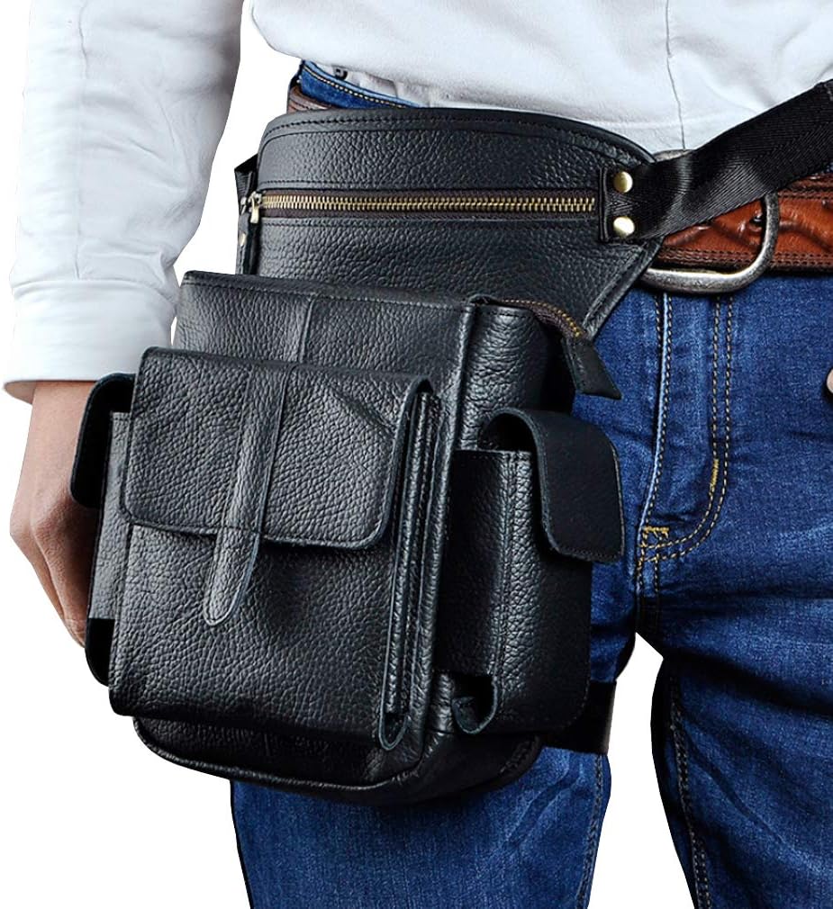 Leather Waist Pack Drop Leg Bag for Men Women Belt Bumbag Multi-Purpose Motorcycle Bike Outdoor Sports Tactical Cycling Riding Hiking Camping Pouch