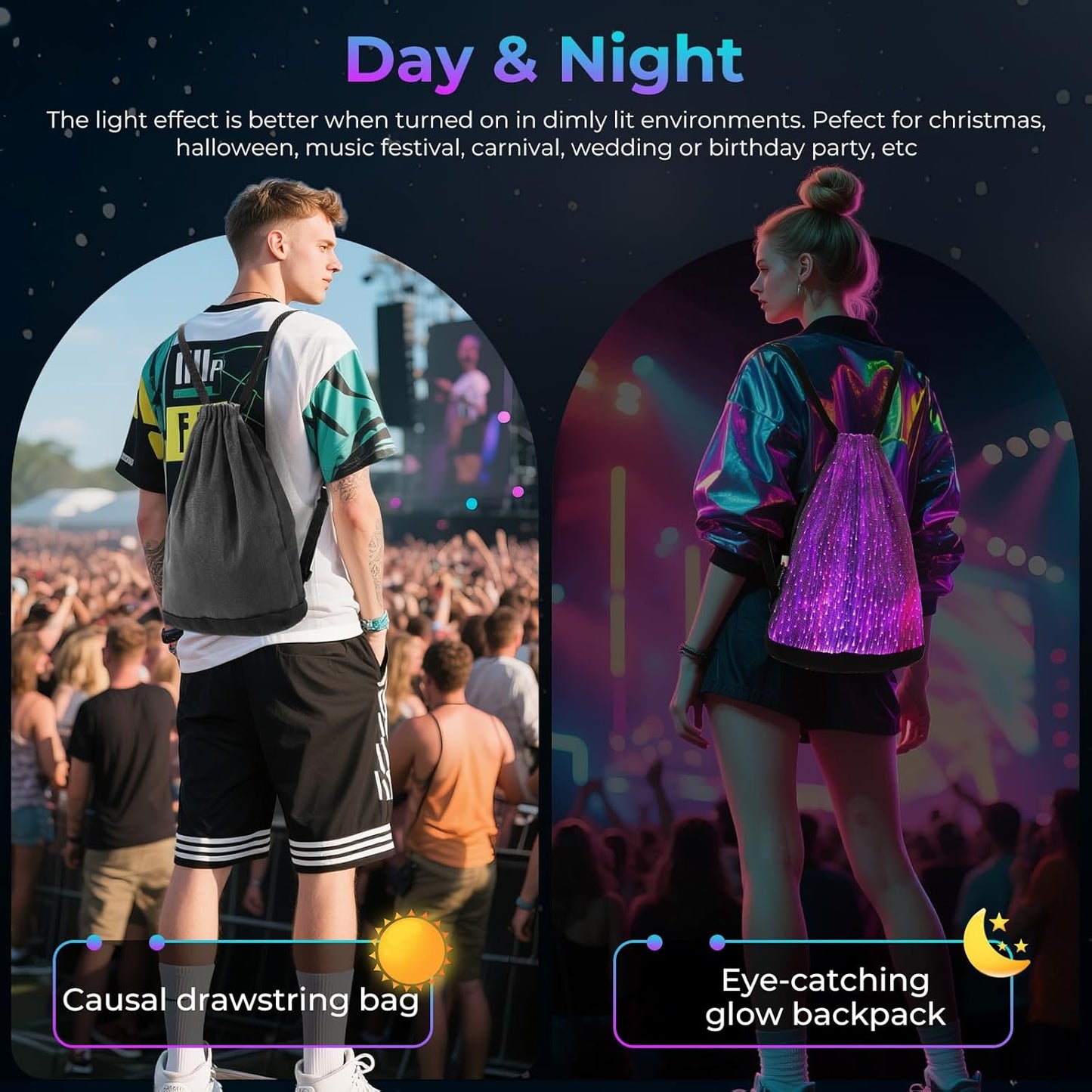 LED Backpack Drawstring Bag Gym Bags Light up Purse 7 Colors Rave Gear Rucksack for Bike Hiking festival carnival (Black)