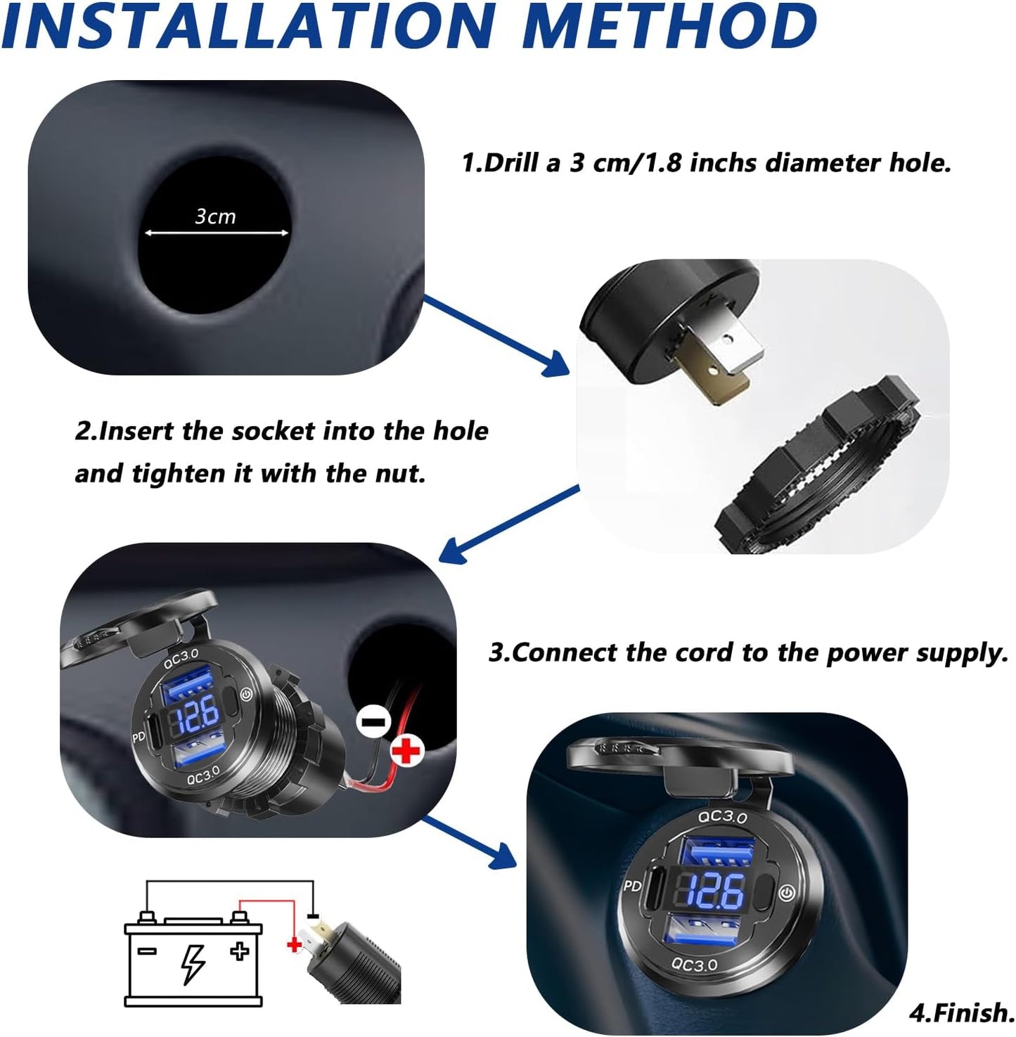 12V USB Outlet, VANONE Aluminum Alloy Dual 18W QC3.0 Ports & 36W PD USB Charging Port 12 Volt Outlet Charger Socket, Accessories for Car Boat Marine Motorcycle RV ATV Truck Golf Cart, etc