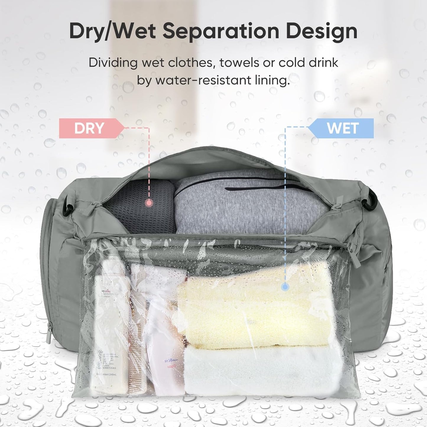 BALEINE Gym Bag for Women and Men, Small Duffel Bag for Sports, Gyms and Weekend Getaway, Waterproof Dufflebag with Shoe and Wet Clothes Compartments, Lightweight Carryon Gymbag (Silver)