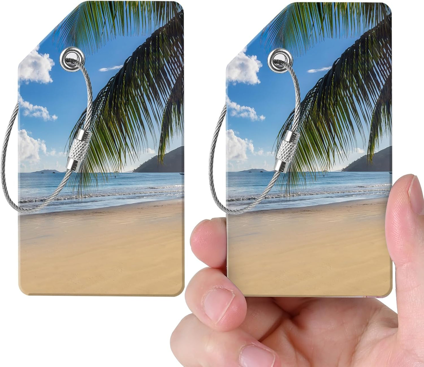 2 Luggage Tags, (1" Smaller Than Traditional) Perfect for Quick Luggage Identification with Stainless Steel Ring and Address Card for Travel and Luggage (Beach by The sea)