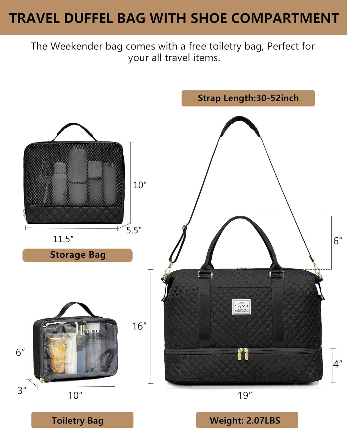 Large Women Travel Duffle Bag - Carry on Overnight Bags Weekend Travel Duffel Tote with Wet Pocket Weekender for Travel Business Trips Sports Hospital Black 3 Pcs Set