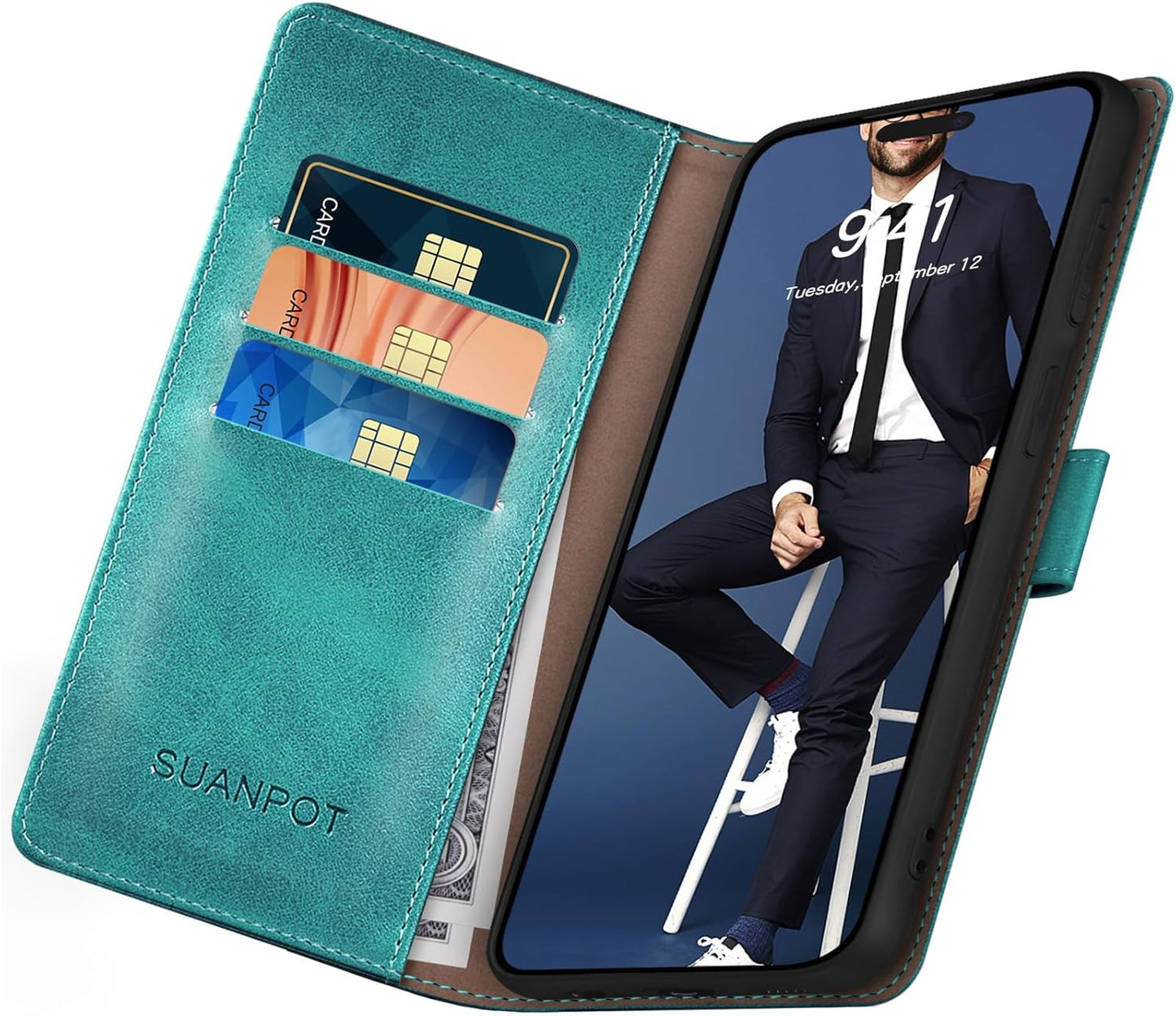 SUANPOT Compatible with iPhone 17 Pro Max 6.9" Wallet case with RFID Blocking Credit Card Holder,Flip Book PU Leather Protective Cover Women Men for Apple 17 Pro Max Phone case Blue Green