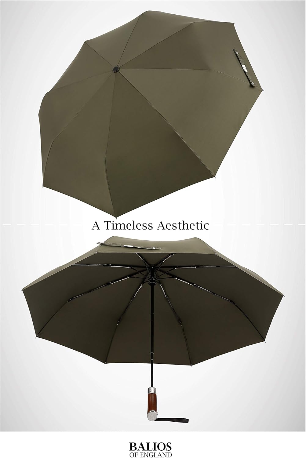 Balios (Designed in UK) Travel Umbrella Luxurious Golden Hardwood Handle Auto Open & Close Windproof Frame Single Canopy Automatic Folding Umbrella Men's & Ladies