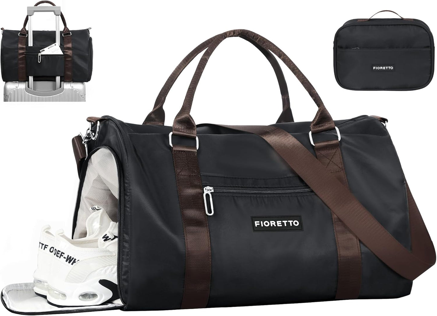 FIORETTO Womens Gym Tote Duffle Bag with Toiletry Bag, Sports Duffel Overnight Hospital Workout Carry on Bag for Girls with Wet Pocket & Shoe Compartment, Ideal for Travel, Swimming, Black & Brown