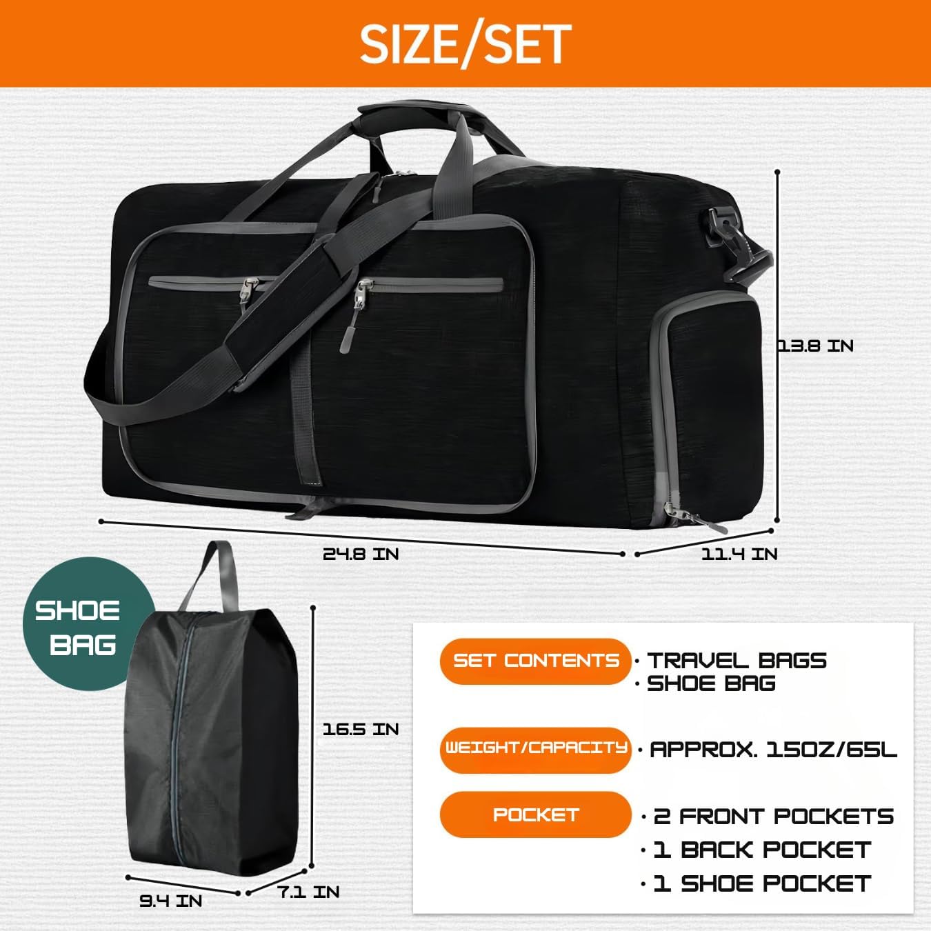 Travel Bag Gym Bag Folding Boston Bag Duffel Bag Carry On Large Capacity 65L Waterproof With Shoe Bag No Logo (Gray, 24.8inch×11.4inch×13.8inch)