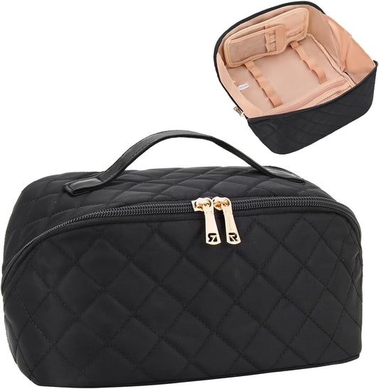 Relavel Travel Makeup Bag, Large Capacity Cosmetic Bag for Women, Waterproof Portable Makeup Pouch with Separate Makeup Brush Board, Wide Open Flat Toiletry Bag - Black