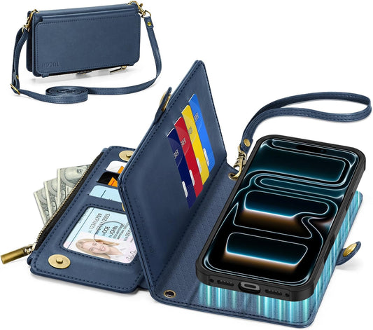 TUCCH Crossbody Detachable Wallet Case for iPhone 17 Pro Max 6.9", 10 Card Holders RFID Blocking, Wireless Charging, Stand, Wrist Strap, Lanyard, Zipper Pocket, PU Leather Shockproof Cover, Dark Blue