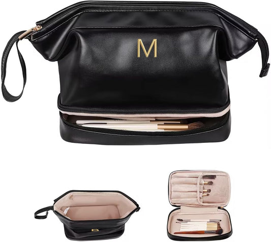 Birthday Gifts for Women, Initial Large Makeup Bag, Personalized Double Layer Cosmetic Bag with Makeup Brush Organizer, Waterproof, PU Leather Travel Toiletry Bag,Bride Gift Monogrammed Gifts