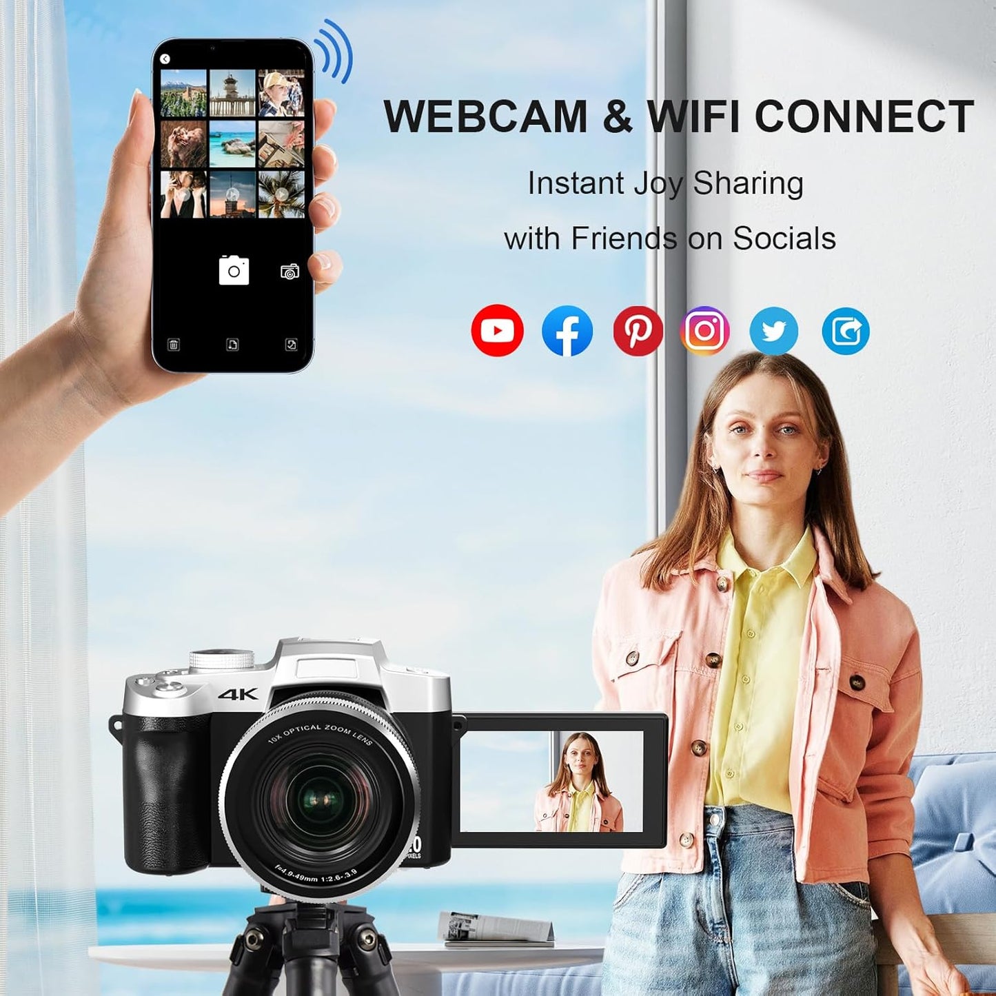 Yatao Cameras for Photography & Vlogging,75MP 4K Digital Camera with Flip Touchscreen, 10X Optical Zoom, WiFi, 64GB TF Card, Card Reader, Compact YouTube Camera for Travel, Beginners, Creators