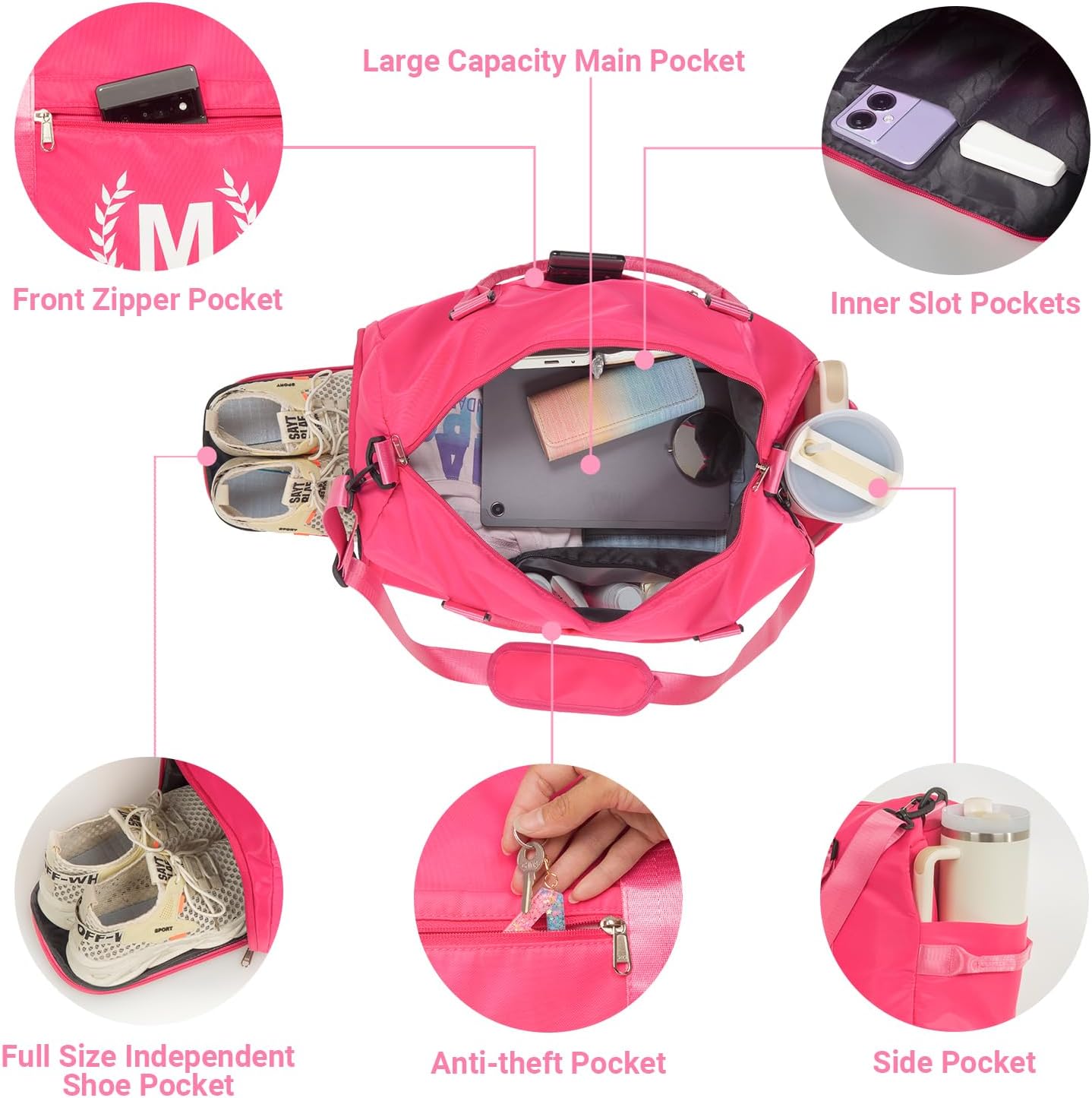 Gym Bag for Women, Personalized Duffle Bag with Shoe Compartment, Sports Bag for Yoga & Dance with Wet Pocket and Mat Strap(HotPink,B)