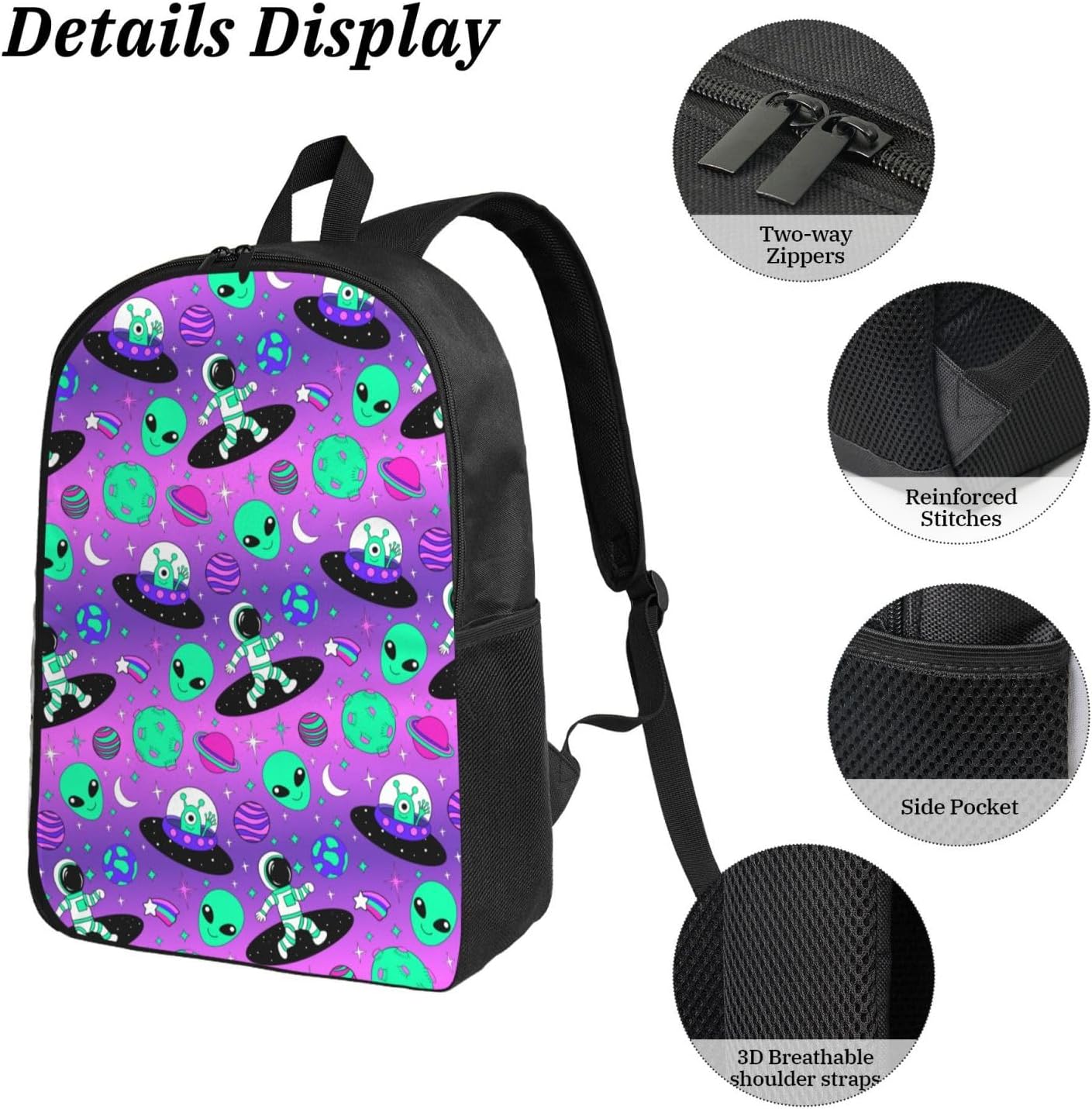 Alien Space Kid Backpack Set with Lunch Bag & Pencil Case Large Capacity School Bag 17 Inch Bookbag for Boy Girl