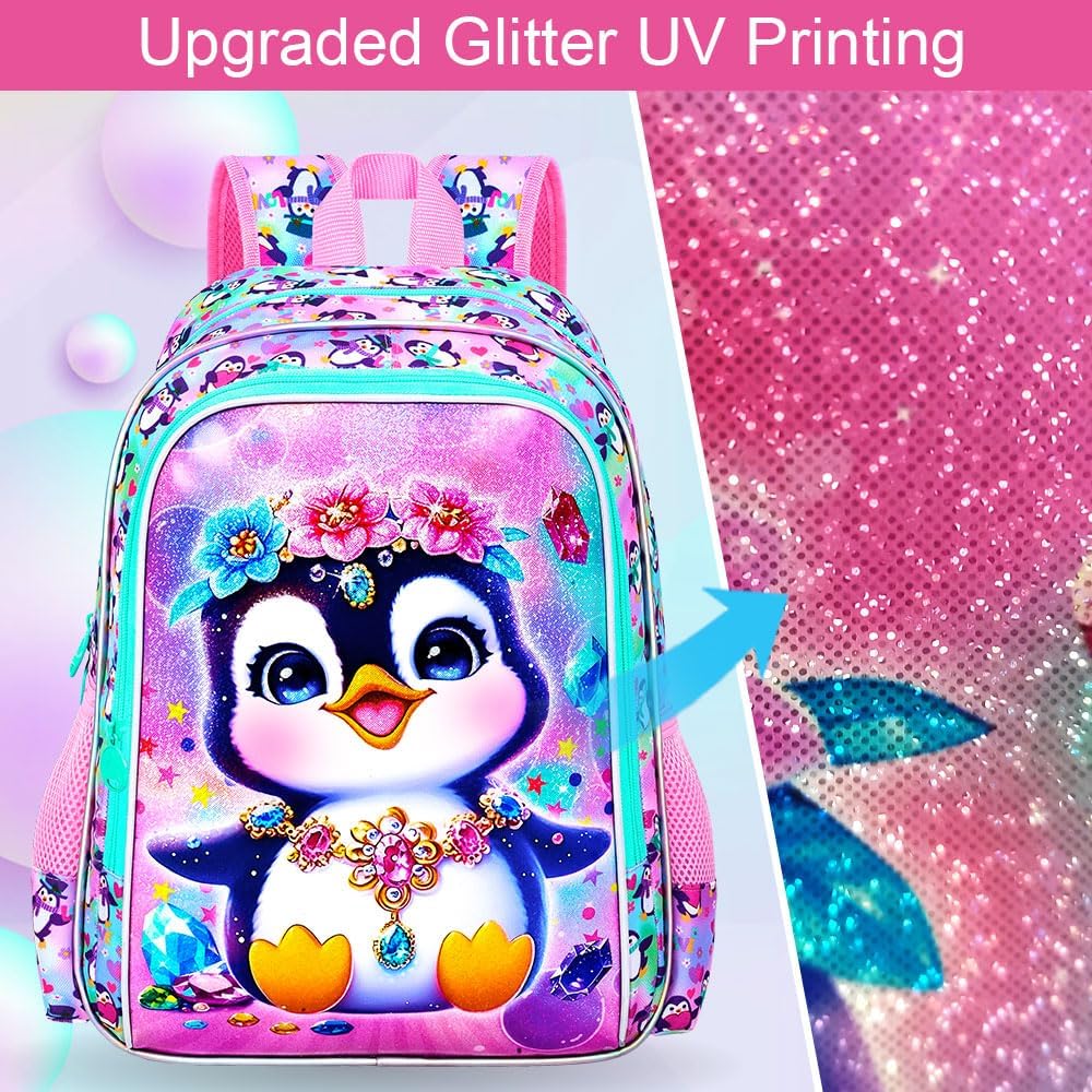 16" Girls Backpack, 16" Kids Bookbag with Lunch Box，Penguin School Backpacks for Elementary Preschool Kindergarten (Pink)