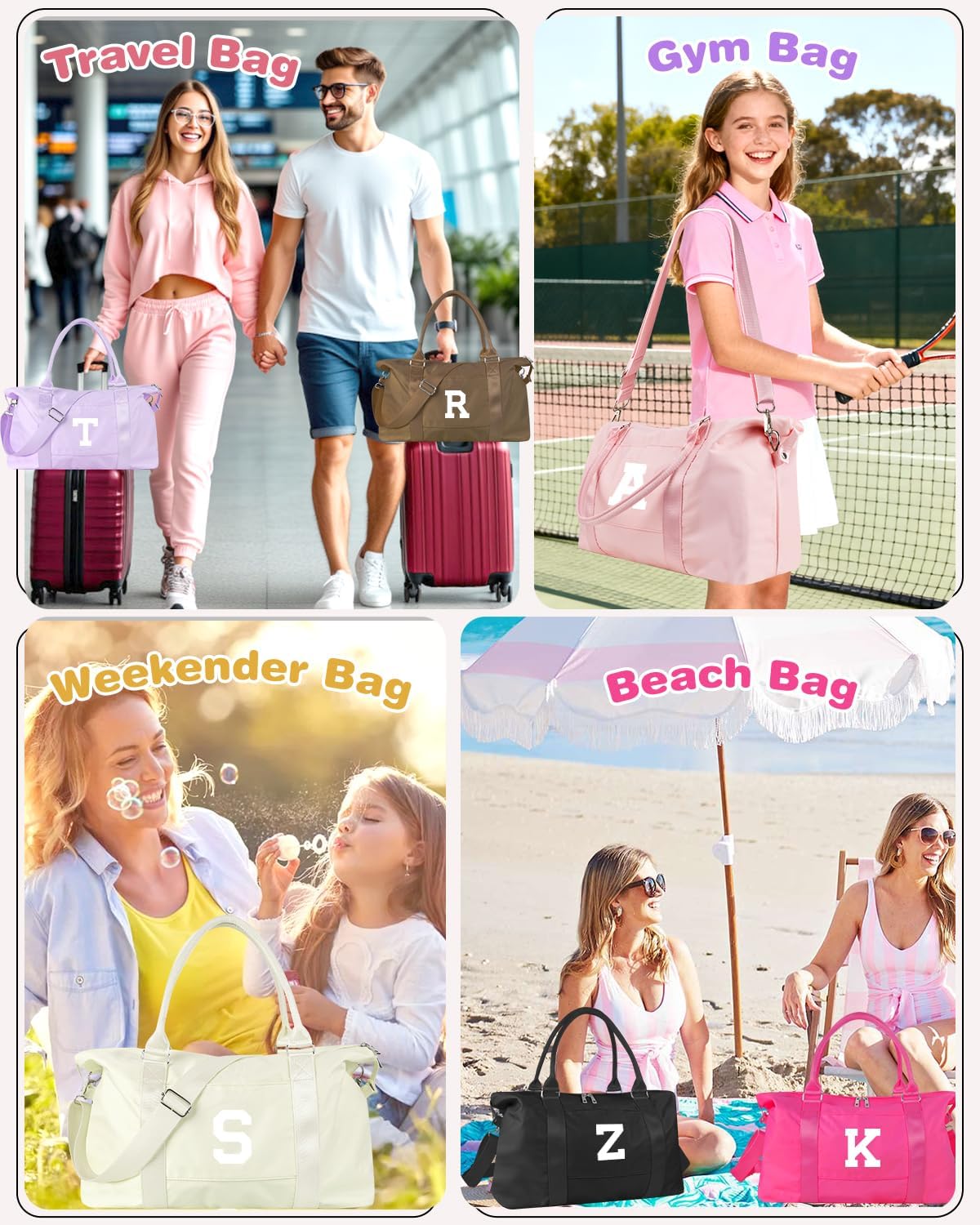 Initial Travel Duffel Bag Sports Gym Bag for Girls Teen Birthday Gifts,Pink Personalized Weekender Bag Carry On Tote Bags for Women Men,Waterproof Overnight Luggage Bag with Trolley Sleeve(Letter R)