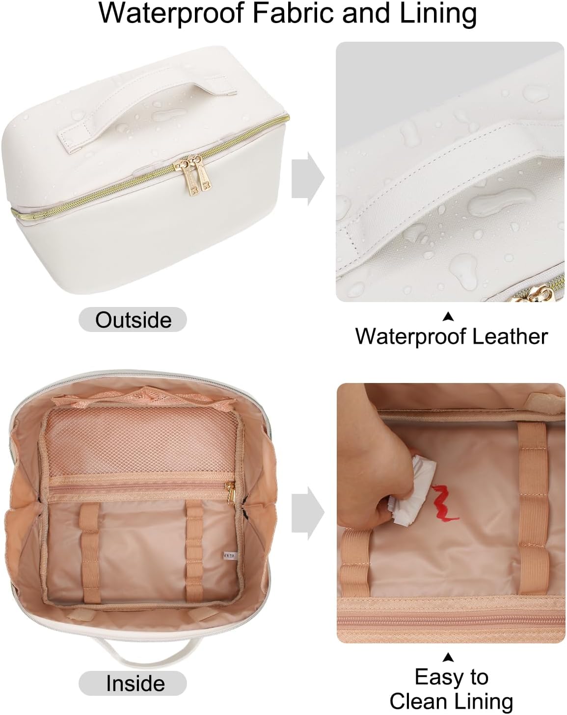 Relavel Travel Makeup Bag for Women, Large Capacity Cosmetic Bags with Separate Brushes Compartments, Waterproof Toiletry Organizer Bags with Handle for Travel Essentials - White