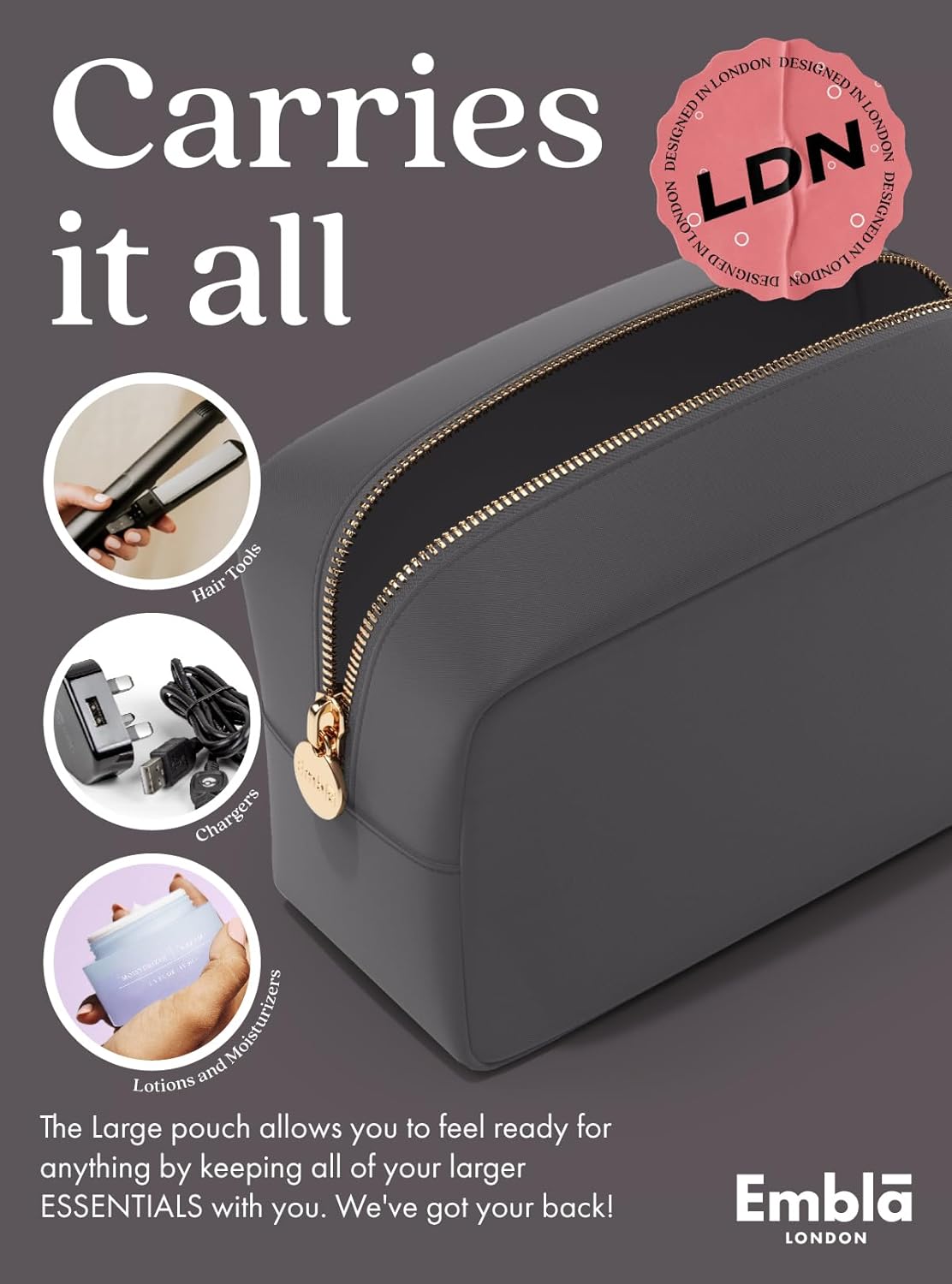 Embla Makeup Bag Travel Cosmetics Pouch and Toiletry Bag, Nylon Zipper Pouch Purse, Cute Make Up Organizer Storage Tote for Women Girls, Waterproof Travel Skincare Case, Large Makeup Bags, Grey