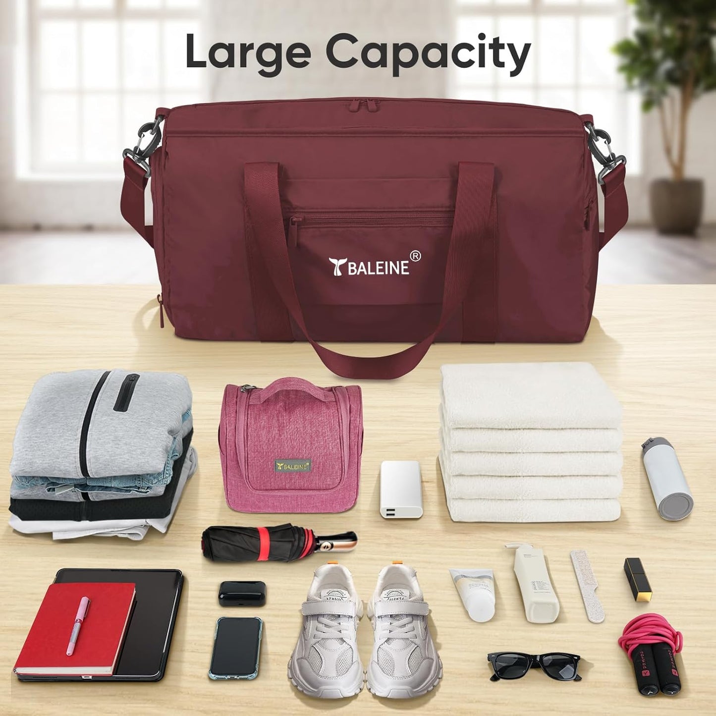 BALEINE Gym Bag for Women and Men, Duffel Bag for Sports, Gyms and Weekend Getaway, Waterproof Dufflebag with Shoe and Wet Clothes Compartments, Lightweight Carryon Gymbag (Red)