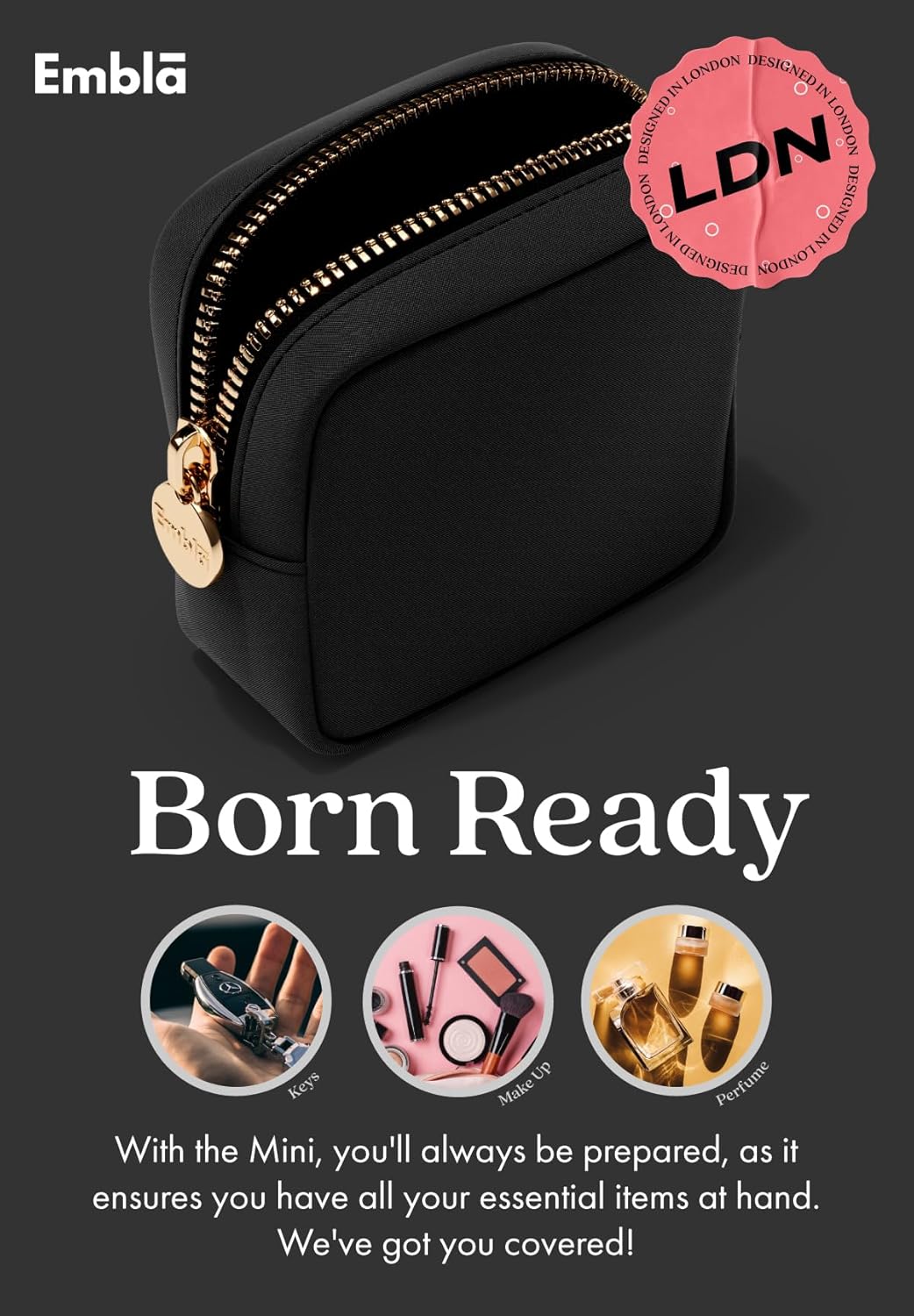 Embla Makeup Bag Travel Cosmetics Pouch and Toiletry Bag, Nylon Zipper Pouch Purse, Cute Make Up Organizer Storage Tote for Women Girls, Waterproof Travel Skincare Case, Small Makeup Bags, Black Noir