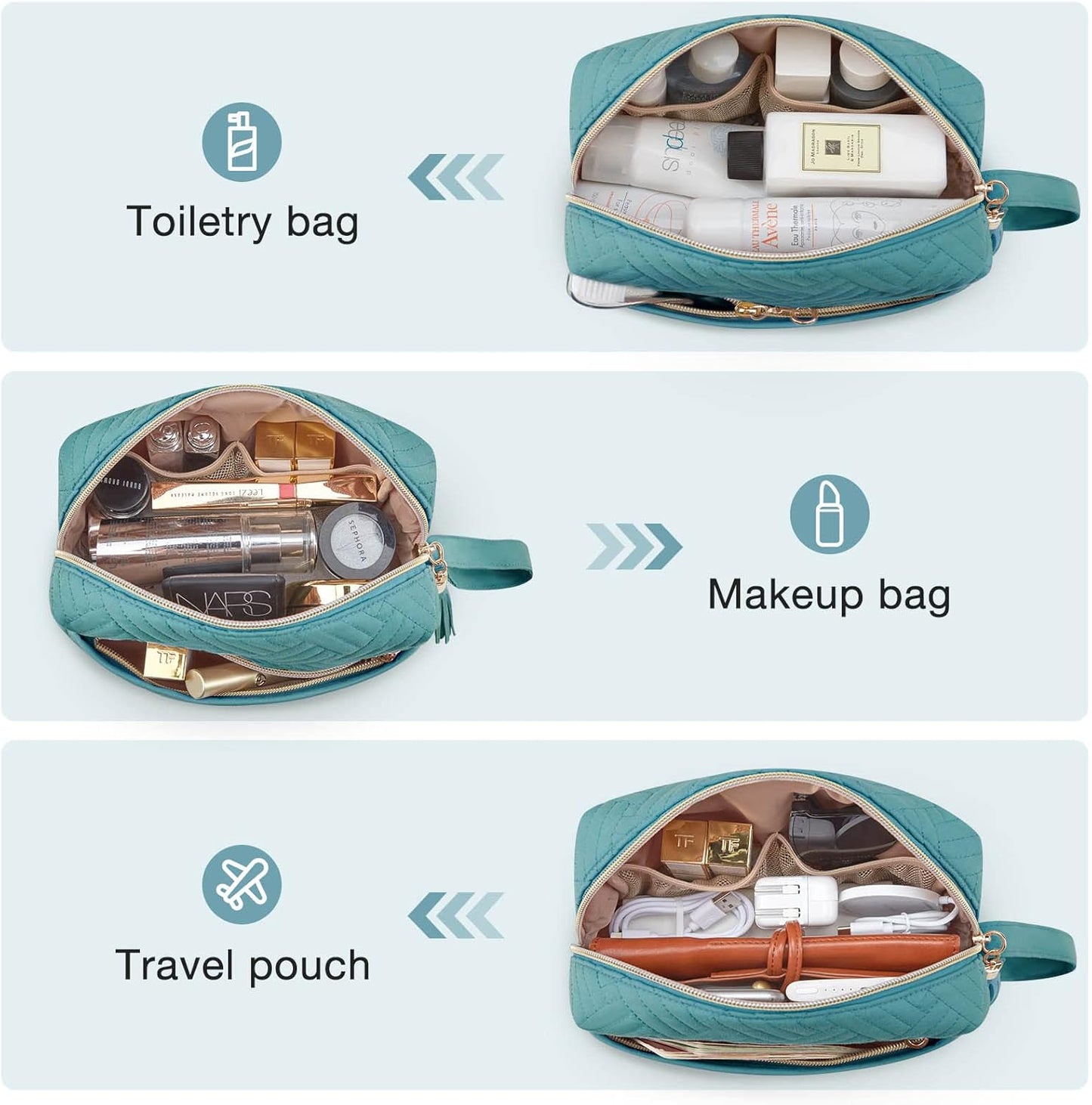 BAGSMART Makeup Bag, Elegant Roomy Cosmetic Pouch for Purse,Travel Zipper Pouch,Water-resistant Toiletry Bag,Makeup Accessories Organizer, Teal