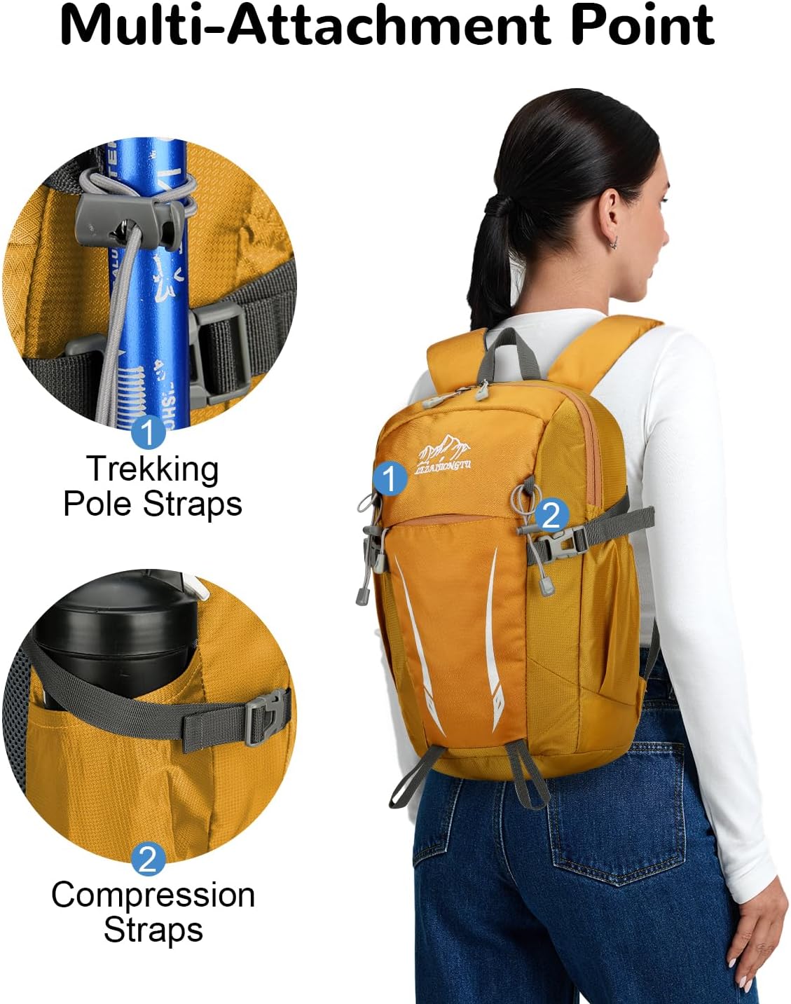 15L Small Padded Hiking Backpack with Chest Strap for Men Women, Lightweight Waterproof Daypack for Travel, Yellow