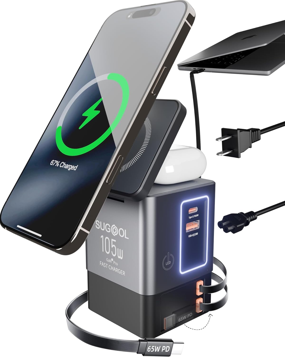 105W GaN Retractable Charger, 6-in-1 Charging Station with Magnetic Pad – MagSafe Compatible, USB-C Fast Charging for iPhone, AirPods, MacBook, Apple Watch, and Other Phones, Tablets, Laptops