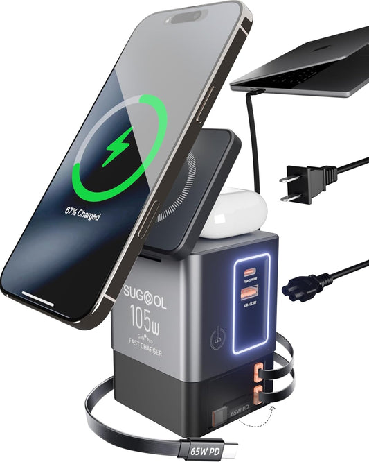 105W GaN Retractable Charger, 6-in-1 Charging Station with Magnetic Pad – MagSafe Compatible, USB-C Fast Charging for iPhone, AirPods, MacBook, Apple Watch, and Other Phones, Tablets, Laptops