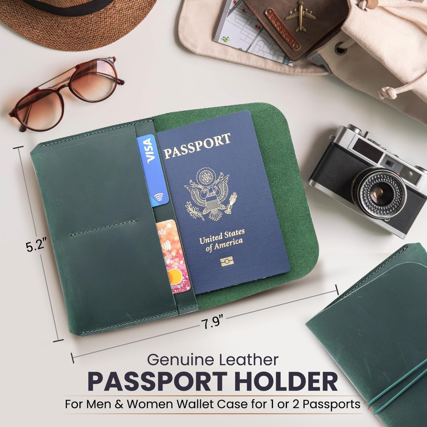 Leather Passport Holder with Travel Wallet, Genuine Leather Passport Cover- Passport Wallet, Leather Folding Wallet for Passports (Strap, Green)
