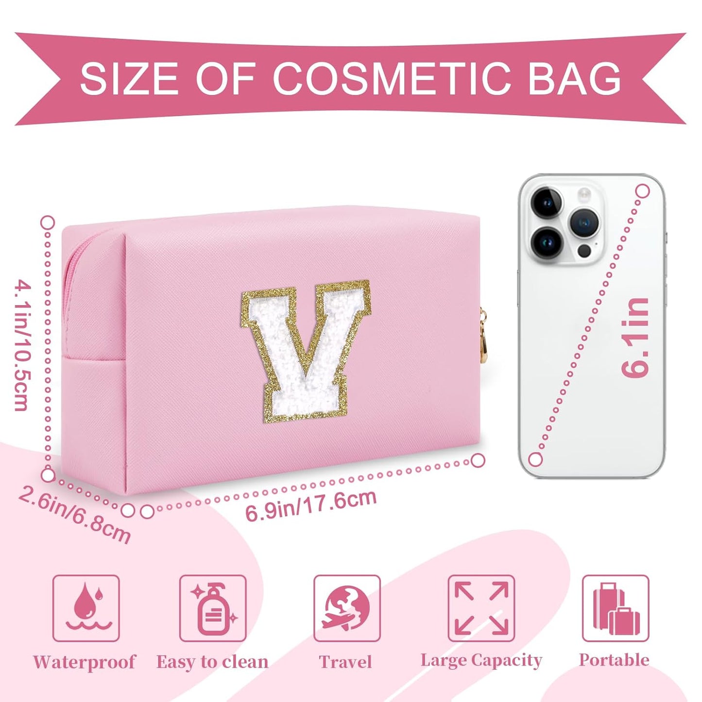 Personalized Initial A-Z Preppy Patch Makeup Bag,Small PU Chenille Letter Cosmetic Bag with Zipper for Teen Girls,Pink Cute Toiletry Organizer Bag,Monogram Makeup Case Gift for Women Girls,Letter V
