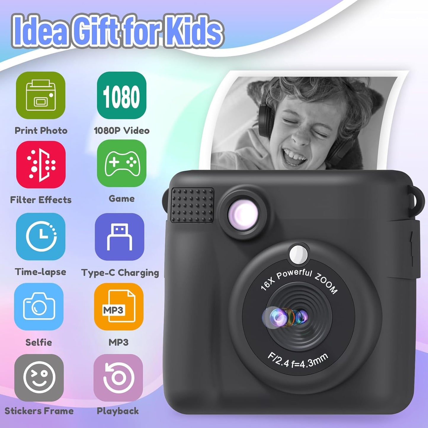 Kids Camera Instant Print, Christmas Birthday Gifts for Kids Age 3-12, Selfie Digital Camera with 1080P Videos,Toddler Portable Travel Cameras Toy for 4 5 6 7 8 9 Year Old Boys Black
