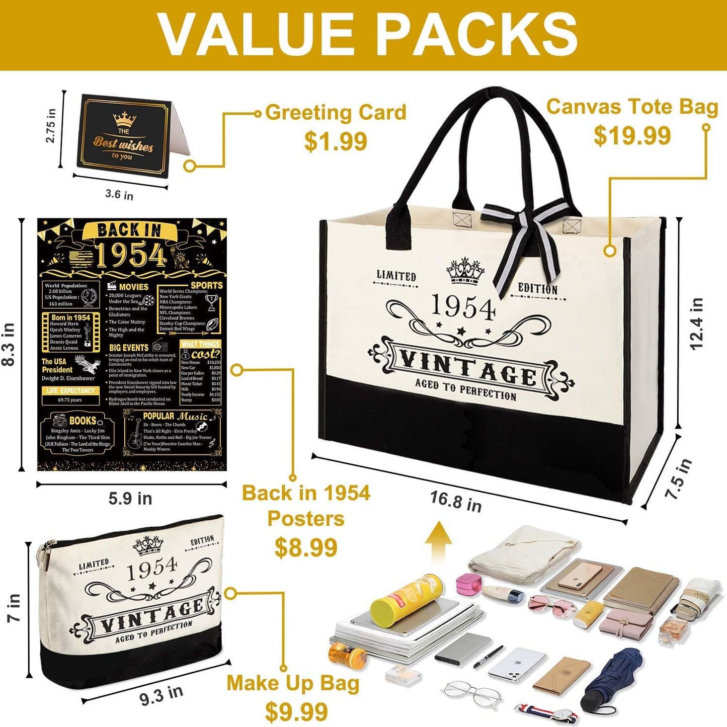 YeohJoy 71st Birthday Gifts for Her Canvas Tote Bag Travel Gear, Unique 71 Years Old Birthday Gifts for Girlfriend Sister Friends Women, Vintage 1954 Handbag & Cosmetic Bag & Back in 1954 Poster