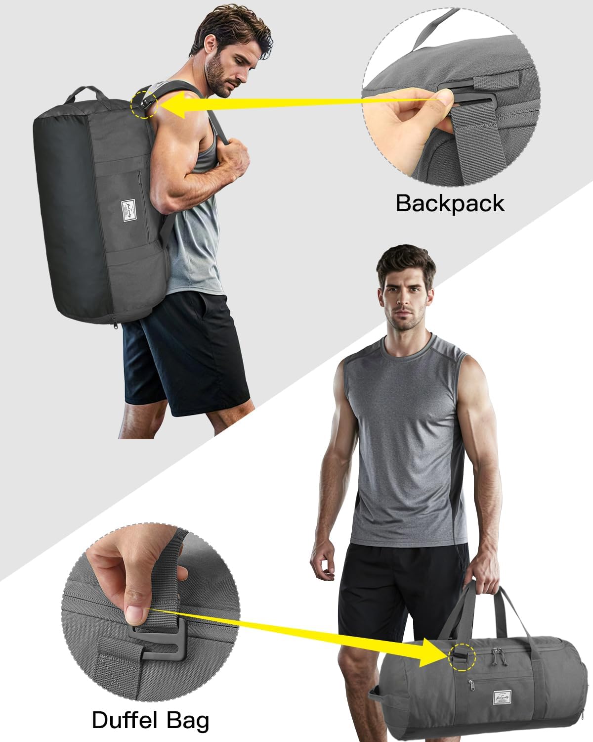 60L Large Gym Duffle Bag with Separate Shoe Compartment, Waterproof & Durable Duffel Bag for Men and Women - Convertible Backpack Design, Grey