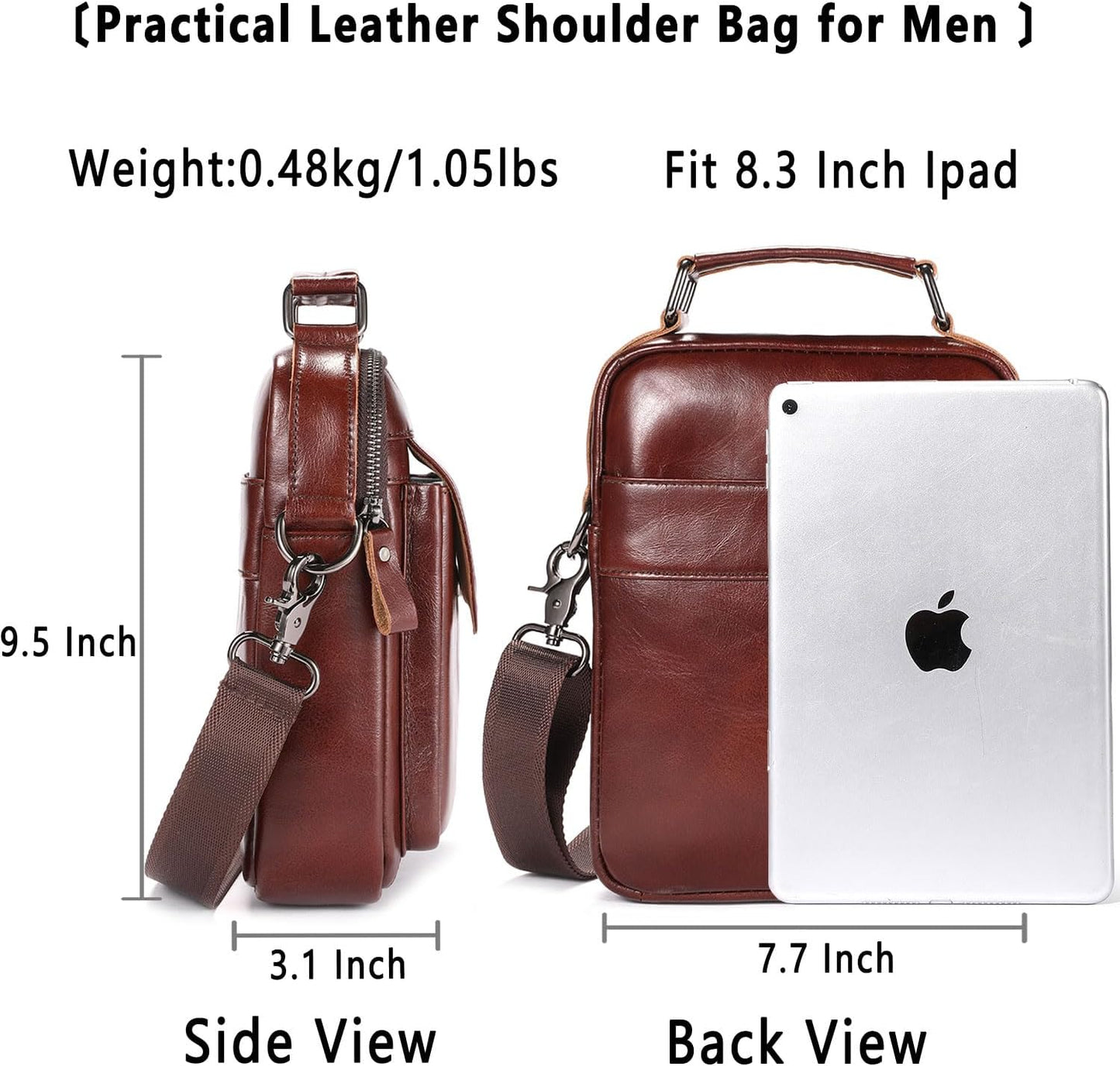 Leather Shoulder Bag for Men Casual Crossbody Bag Travel Vintage Messenger Bag Multi-function Handbag Satchel