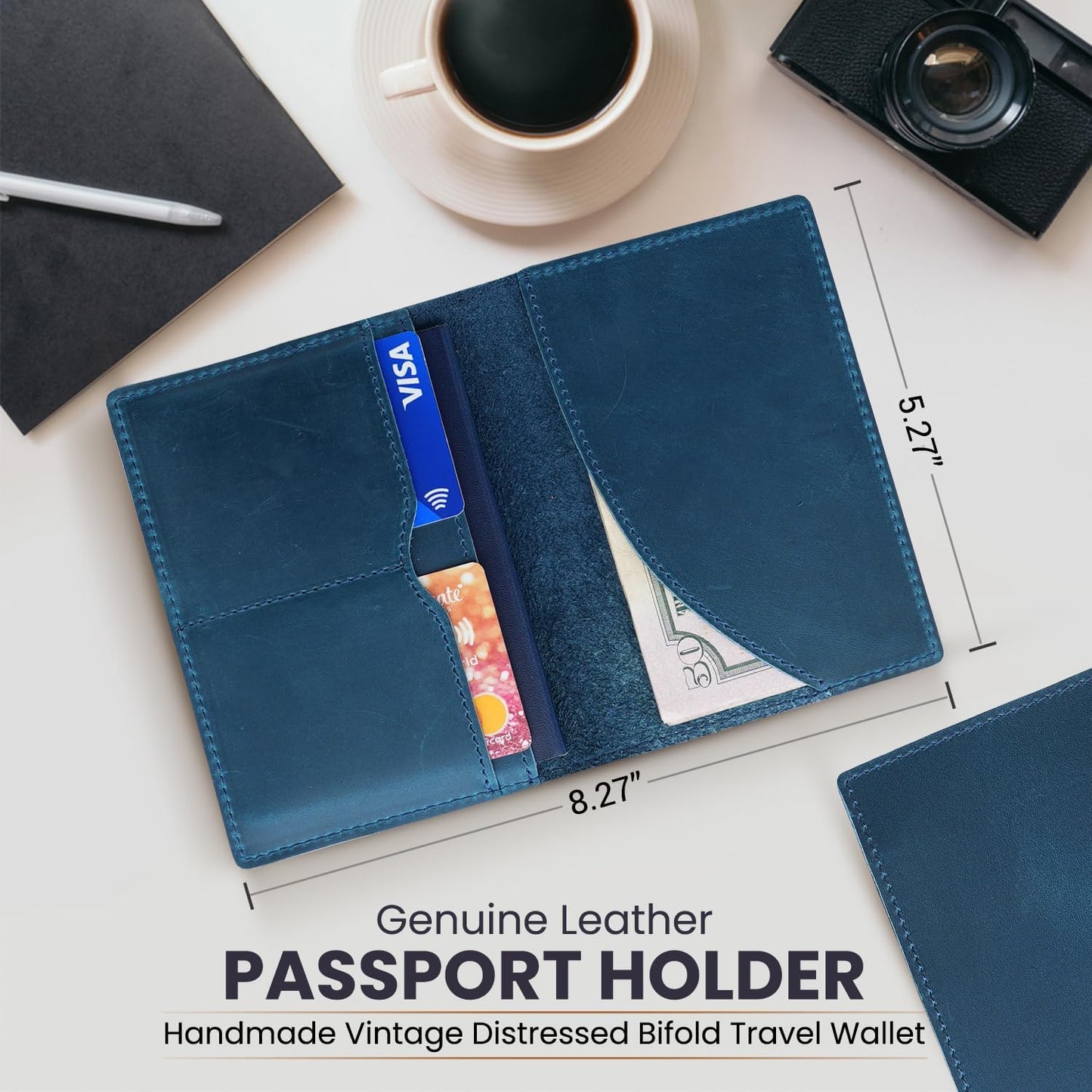 Leather Passport Holder with Travel Wallet, Genuine Leather Passport Cover- Passport Wallet, Leather Folding Wallet for Passports (Oval Cut, Blue)