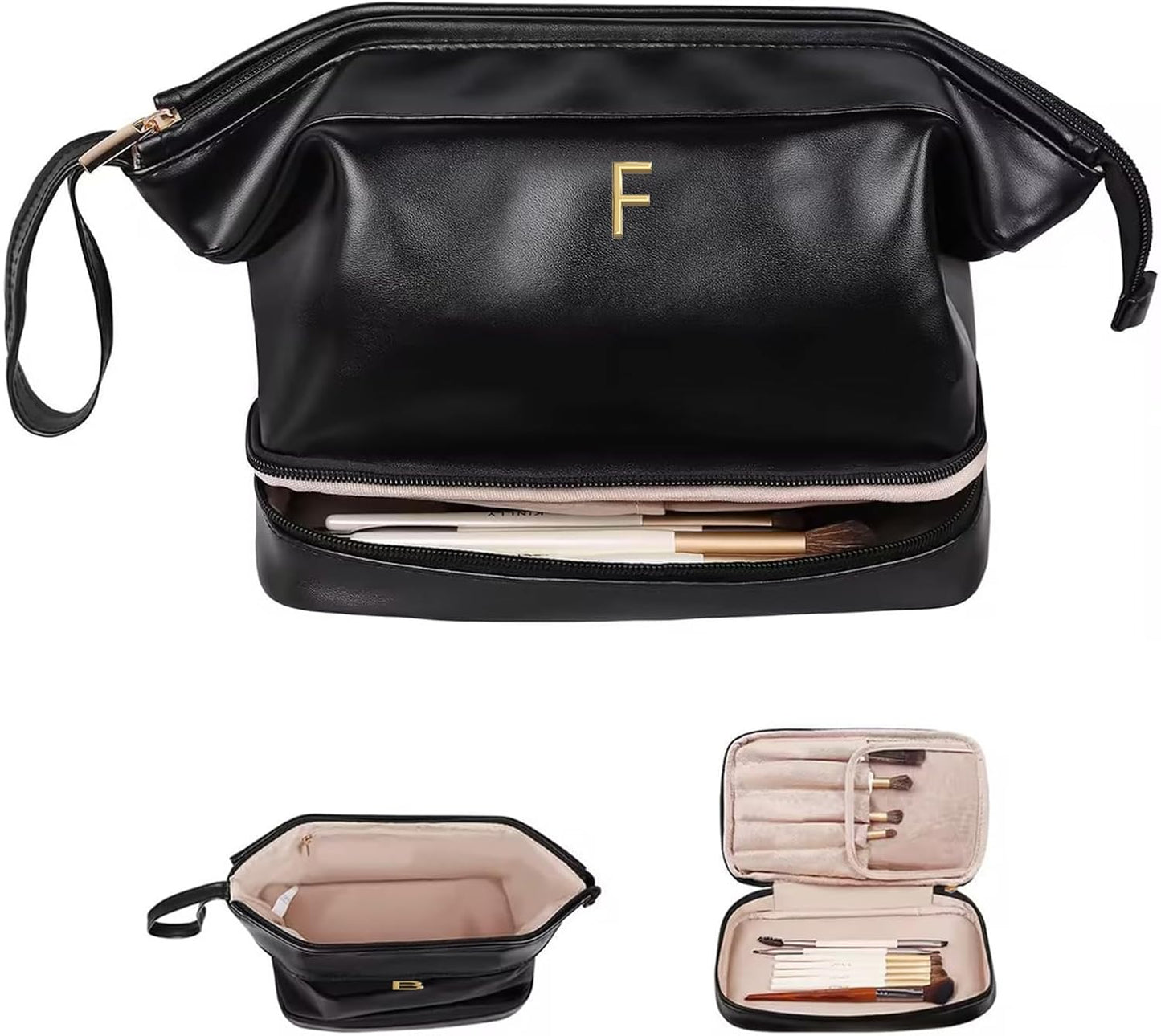 Initial Makeup Bag, Daughter Gifts, Personalized Double Layer Cosmetic Bag with Makeup Brush Organizer, Waterproof, Large Capacity PU Leather Travel Toiletry Bag Cute Things for Girls