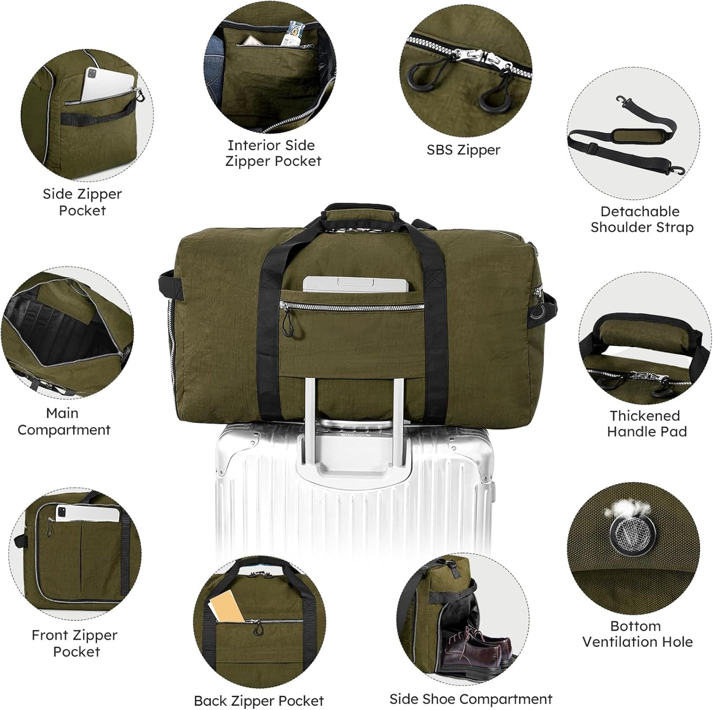 65L 25" Foldable Duffle Bag with Shoe Compartment,Lightweight Water Resistant Packable Travel Bag,Army Green