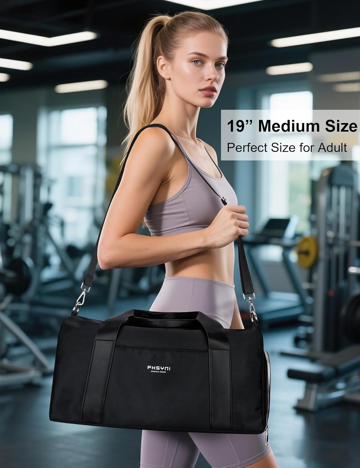 Gym Bag for Women with Shoe Compartment & Wet Pocket - Duffle Bag for Travel Sports Fitness Workout Athletic, 19“-Medium, Black