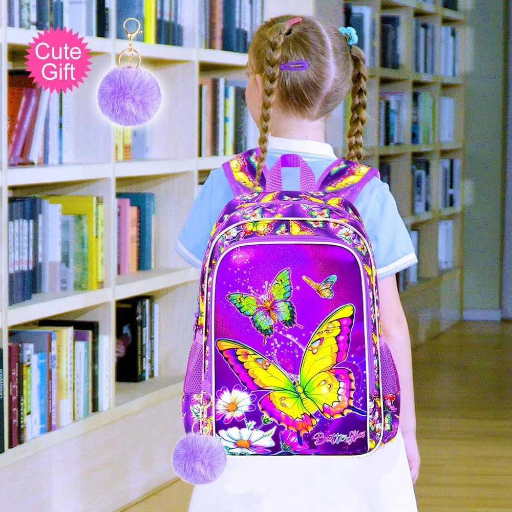 16" Butterfly Backpack for Girls, 3Pcs Kids School Backpacks with Lunch Box, Bookbag for Elementary Preschool Kindergarten(Purple)