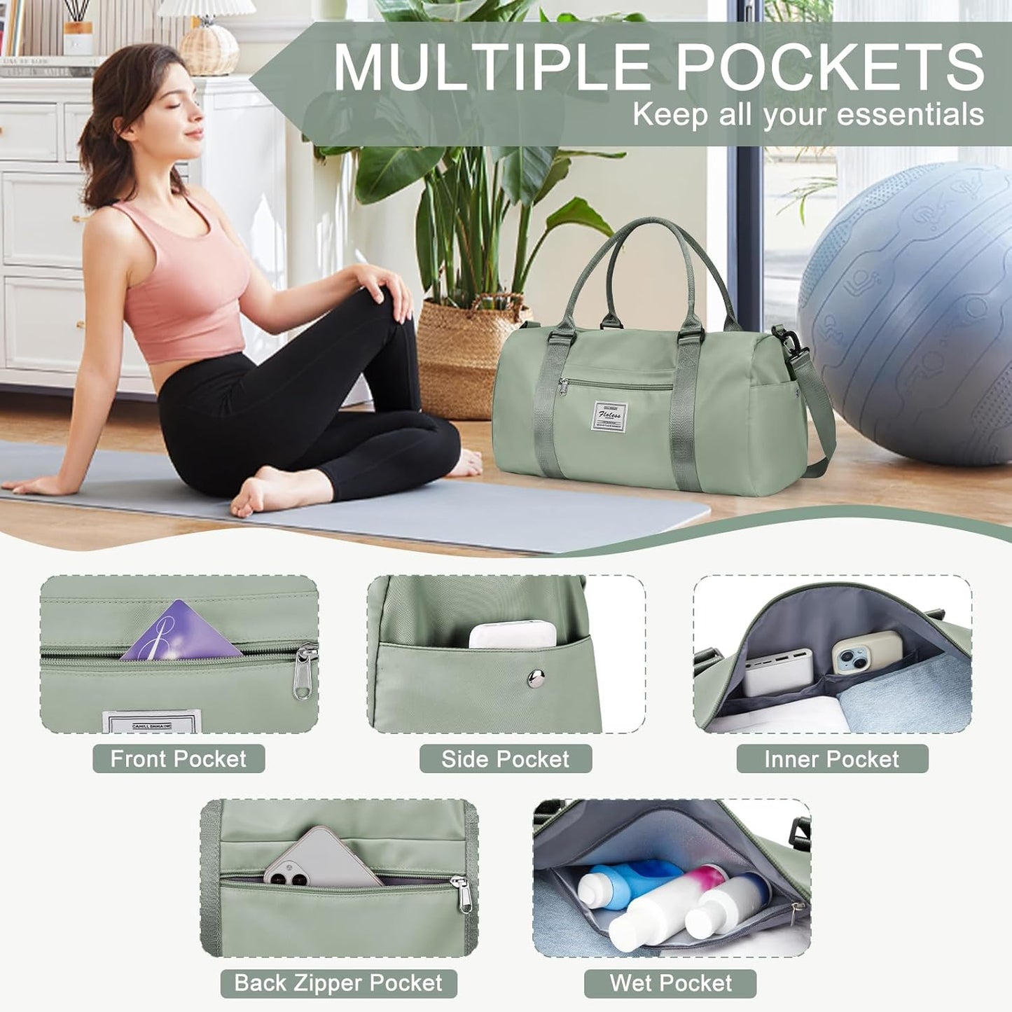 Gym Bags for Women Men with Shoes Compartment,Sports Duffle Bags Personal item travel Duffel Tote Bag Small Carry on Weekender Overnight Bag Workout Dance Bags Hospital Holdalls Grey Green