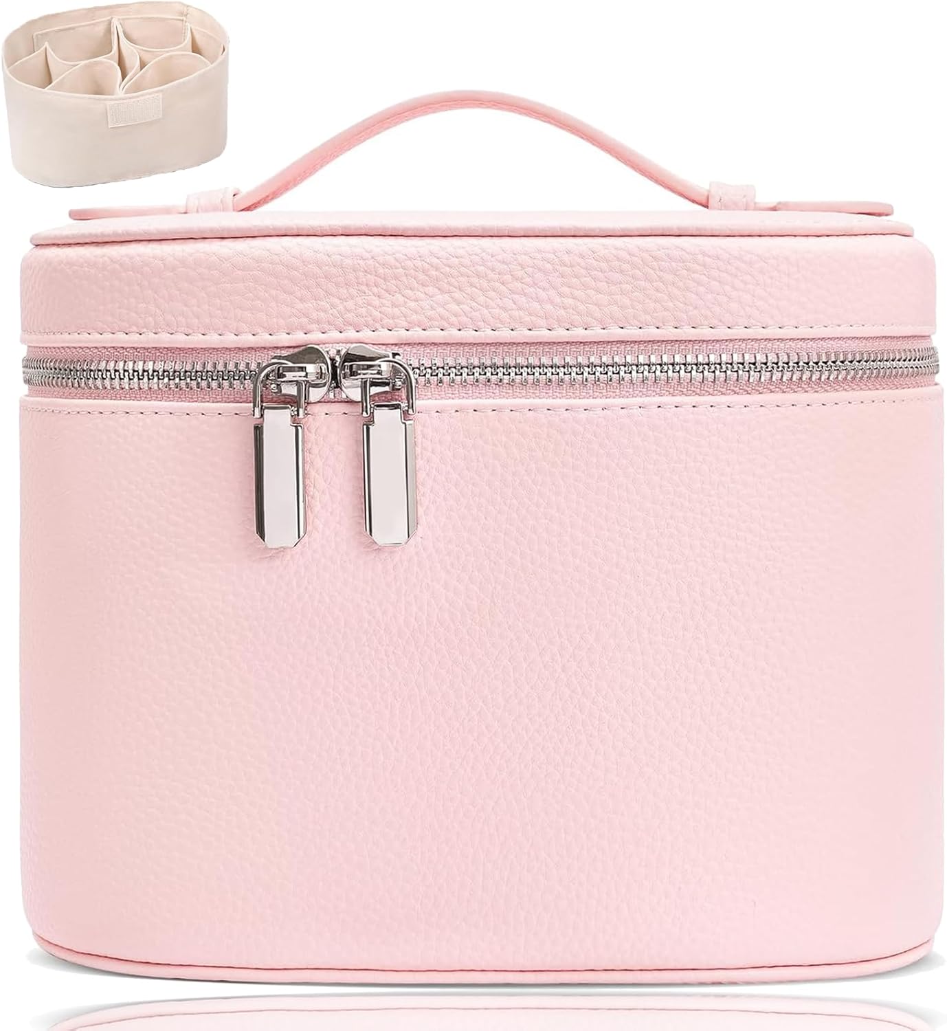 Leather Make Up Bags With Compartments, Pink Travel Cosmetic Bags for Women, Parallel Makeup Travel Bags Organizer Equipped With a Detachable Divider